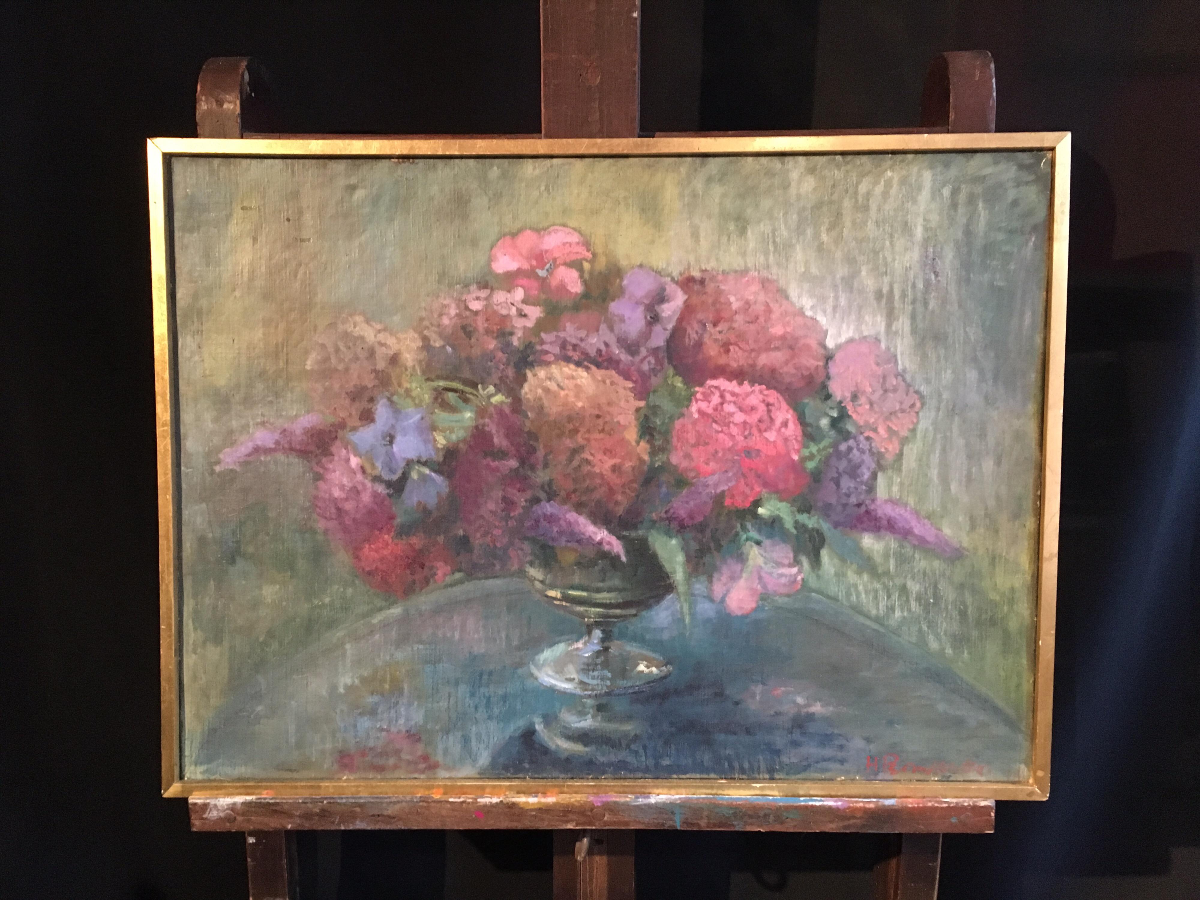 Naturaleza muerta floral, Pintura al óleo English Impressionist, Firmada en venta 1