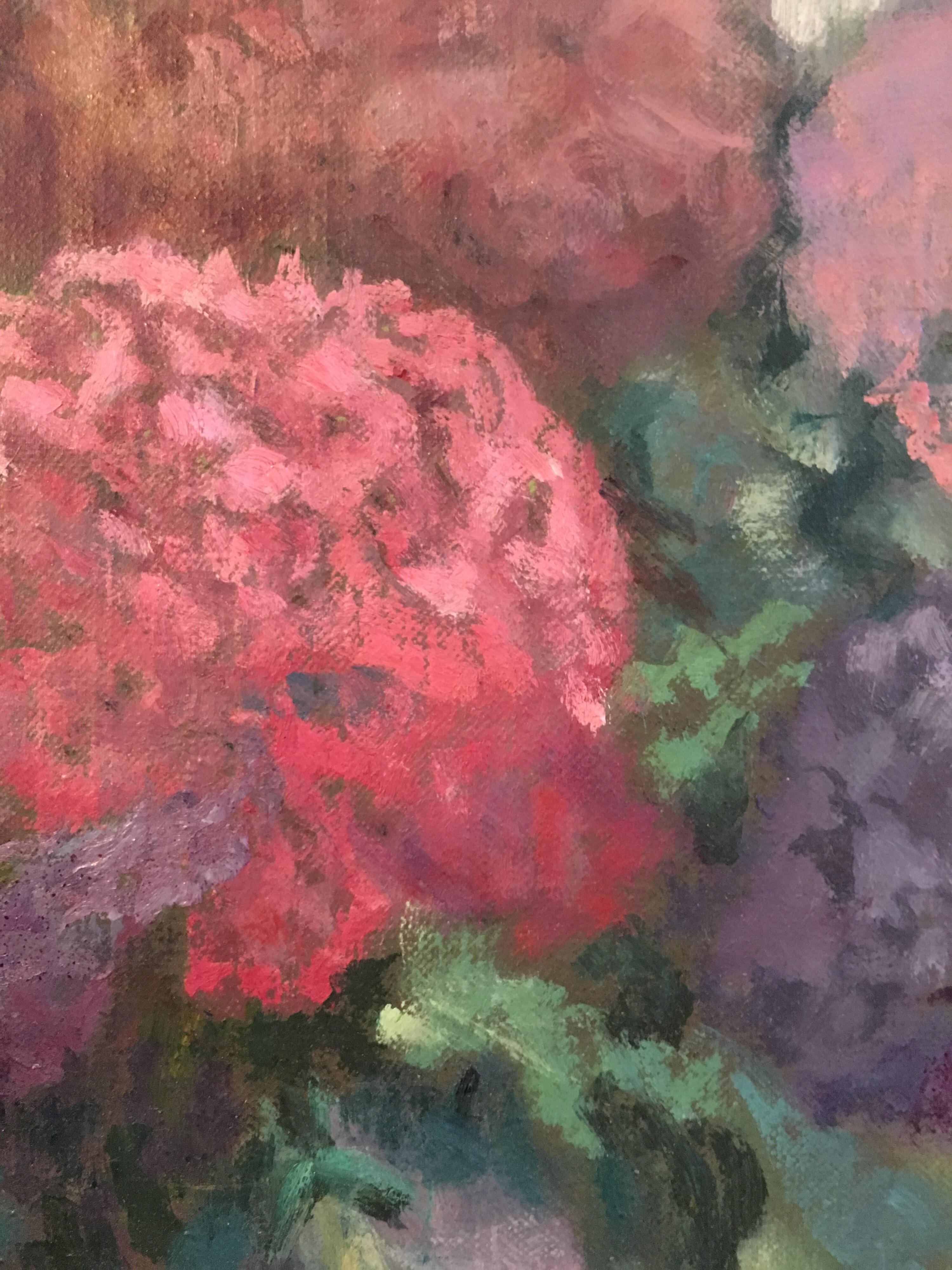 Naturaleza muerta floral, Pintura al óleo English Impressionist, Firmada en venta 2