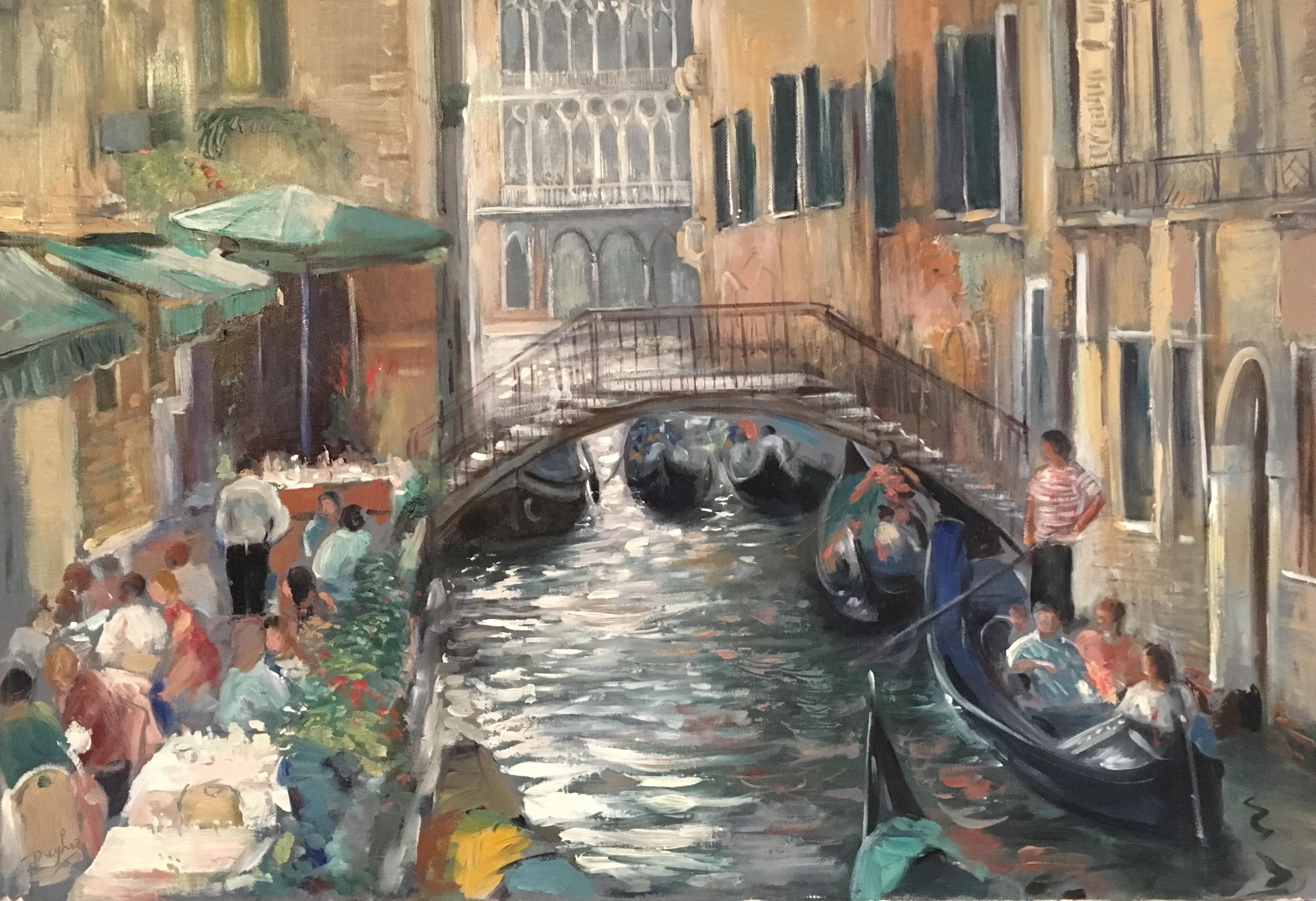 Dagher Figurative Painting - Venice Cafes, Impressionist Landscape Original Oil Painting, Signed