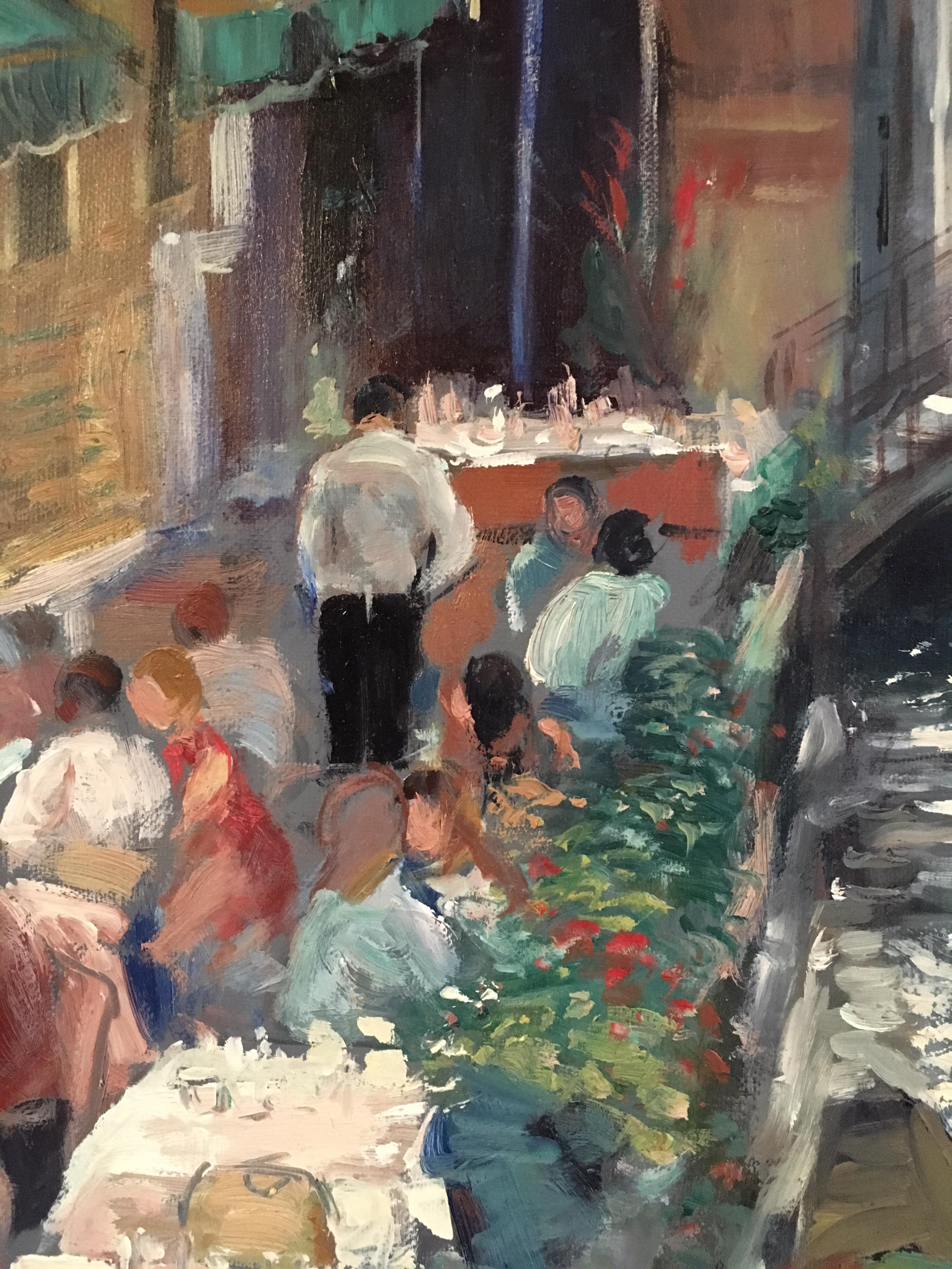 Venice Cafe's
By French artist, Amal Dagher, late 20th Century
Signed by the artist on the lower left hand corner
Oil painting on canvas, unframed
Canvas size: 15 x 21.5 inches

Wonderful interpretation of a busy canal in the beautiful city, Venice.