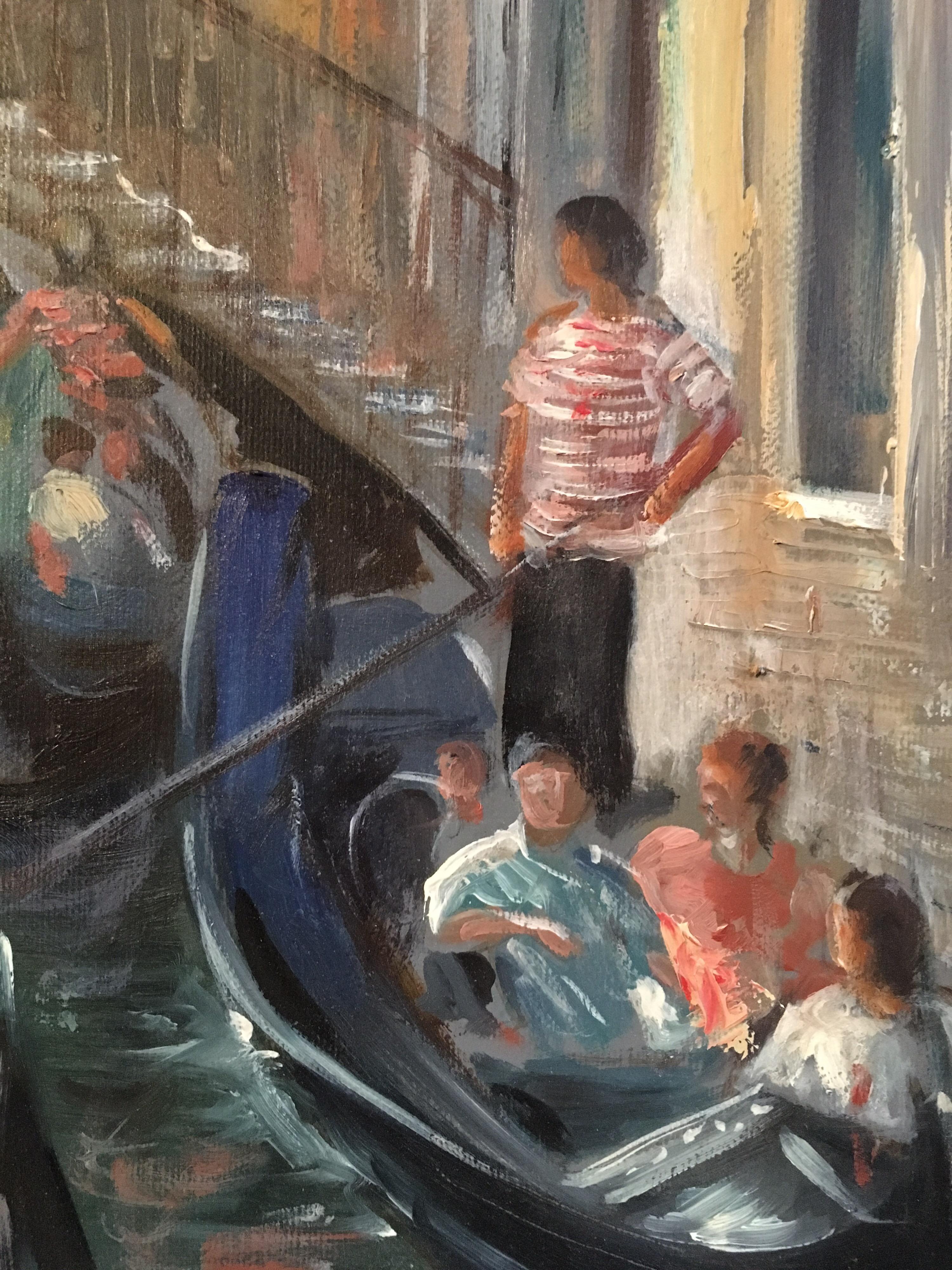 Venice Cafes, Impressionist Landscape Original Oil Painting, Signed 2
