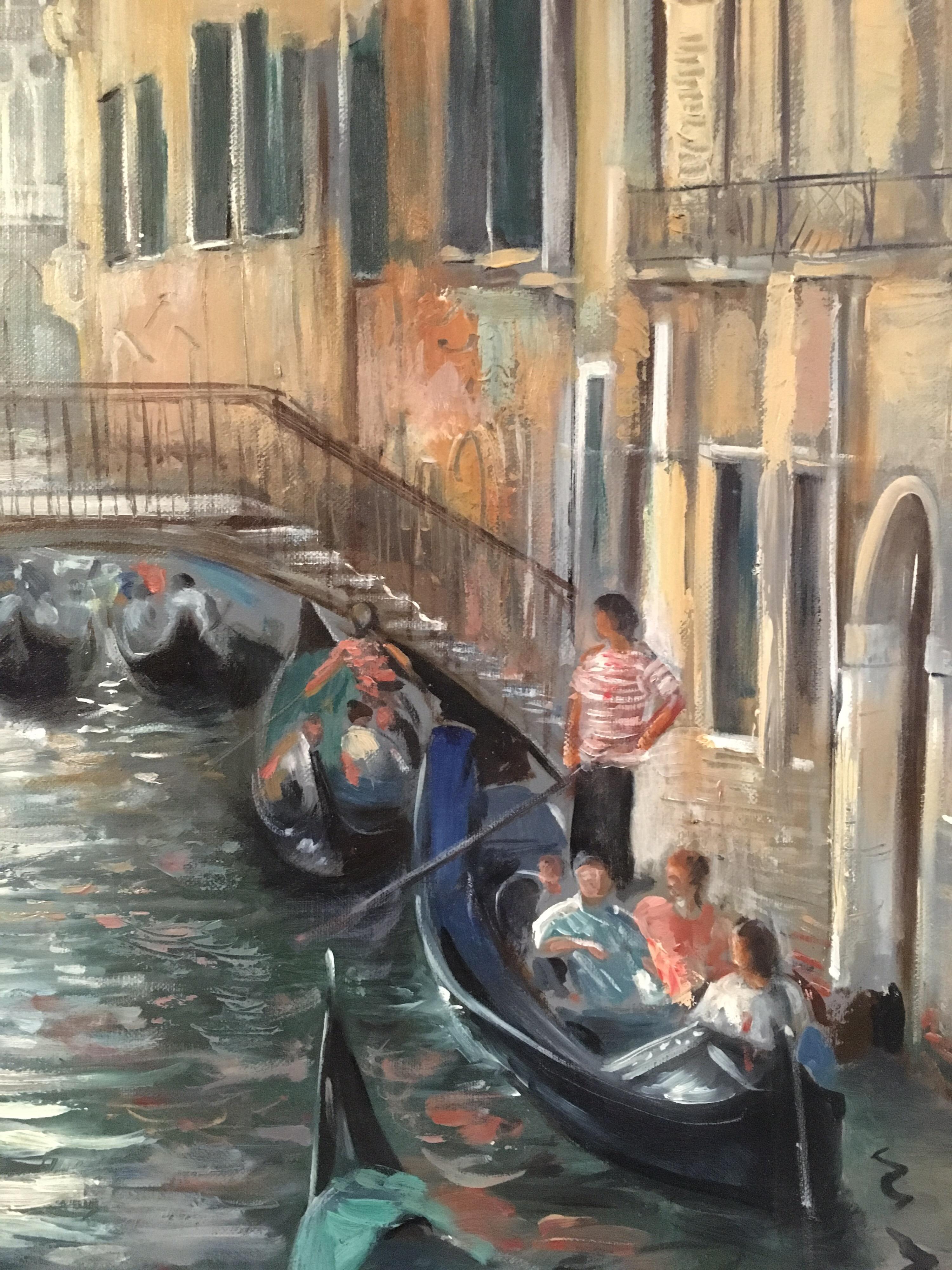 Venice Cafes, Impressionist Landscape Original Oil Painting, Signed 1