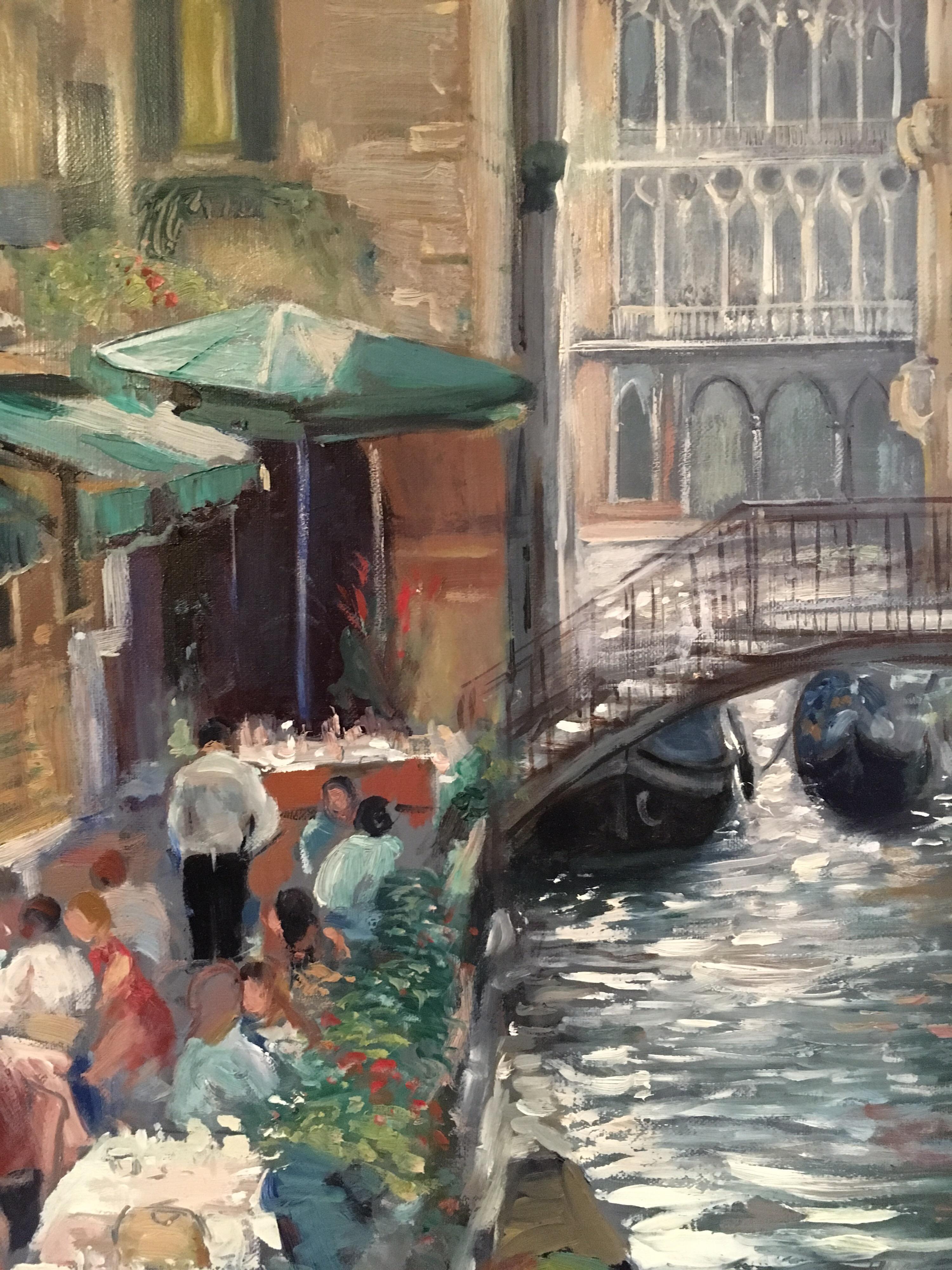 Venice Cafes, Impressionist Landscape Original Oil Painting, Signed 4