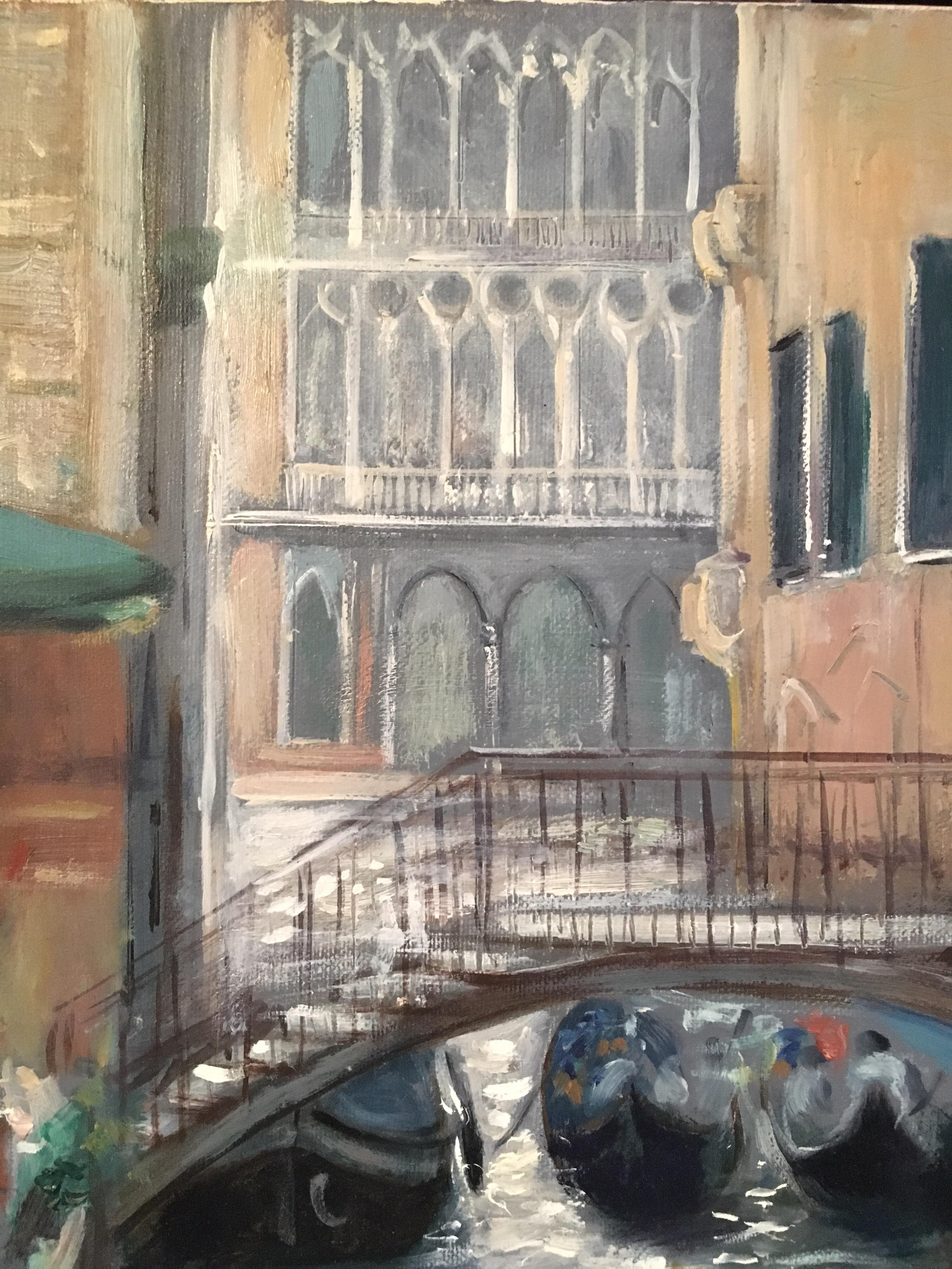 Venice Cafes, Impressionist Landscape Original Oil Painting, Signed 3