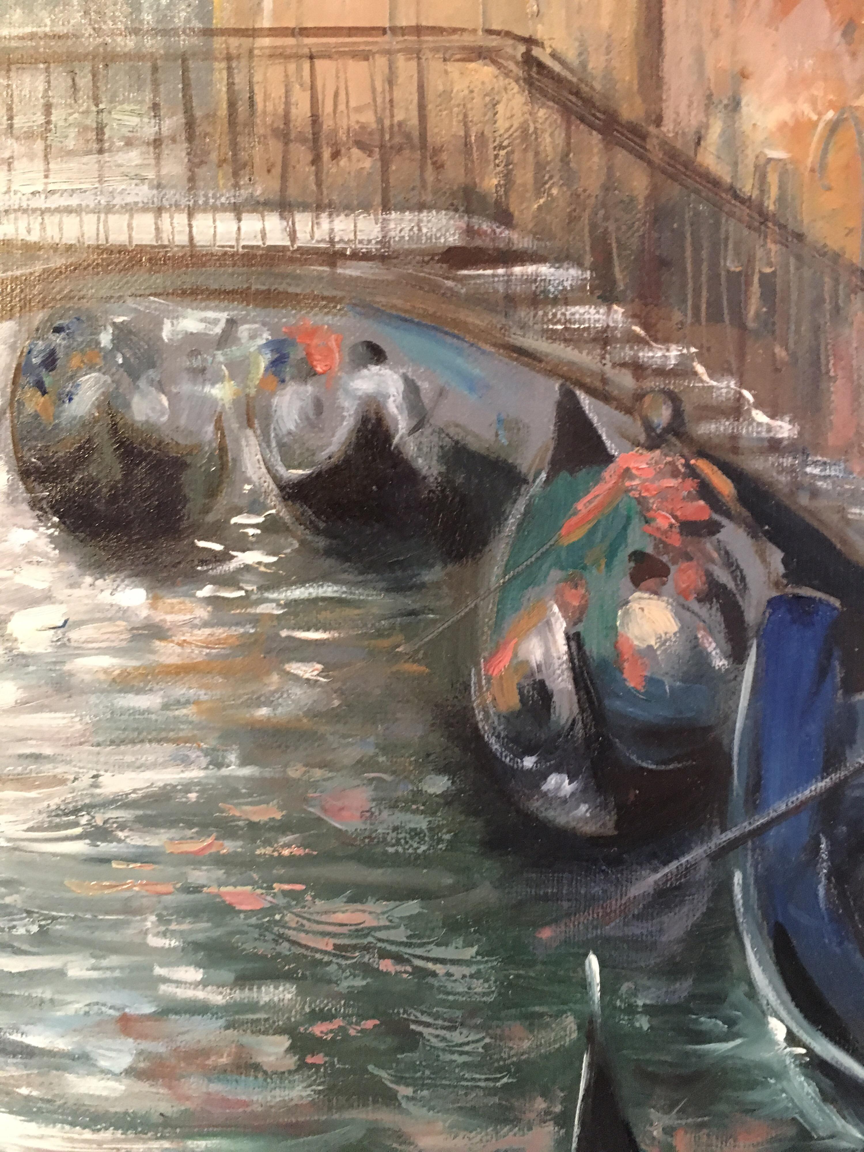 Venice Cafes, Impressionist Landscape Original Oil Painting, Signed 5