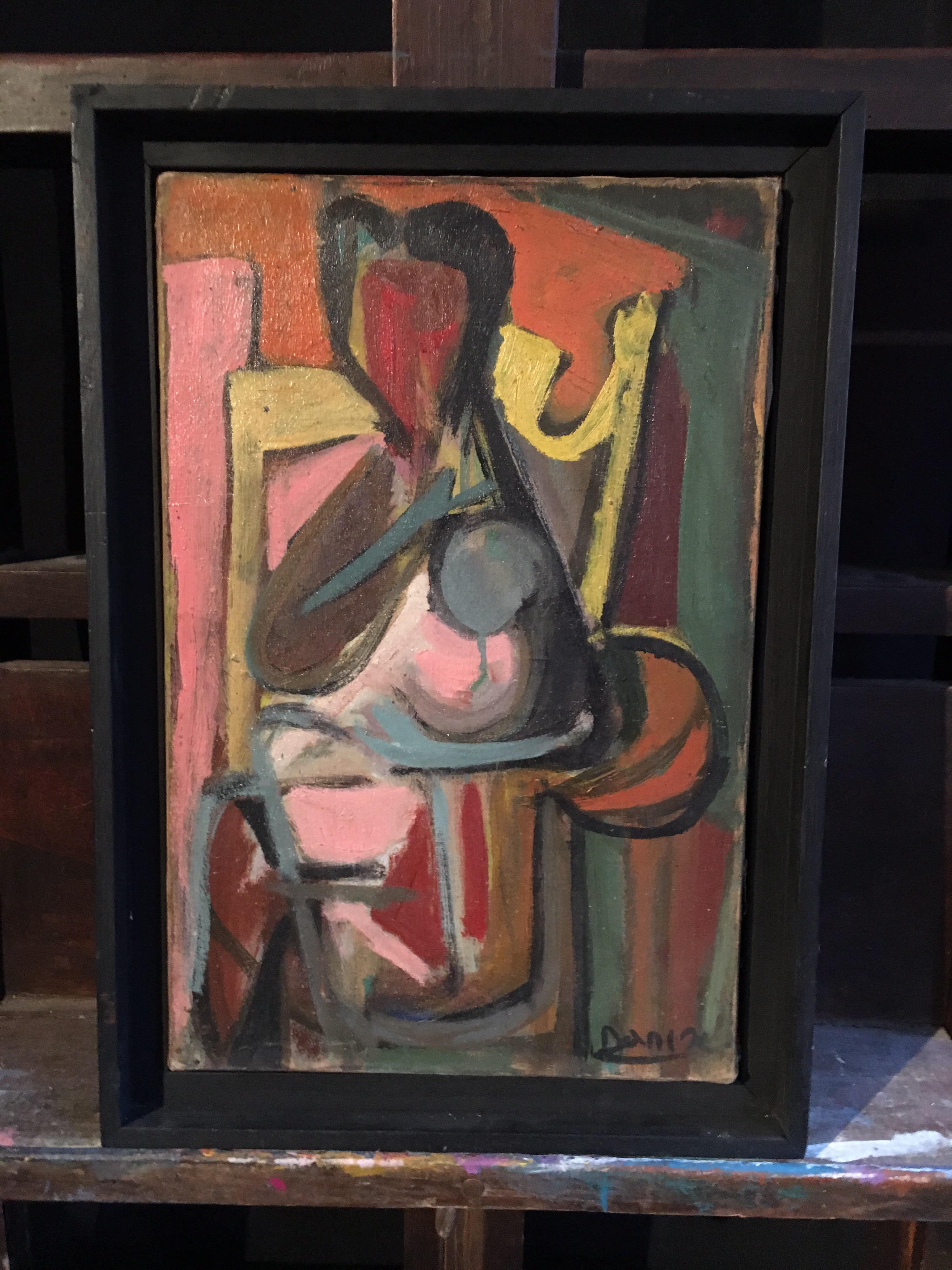 Mother and Child, Abstract 1960s Colourful Oil Painting, Signed 2