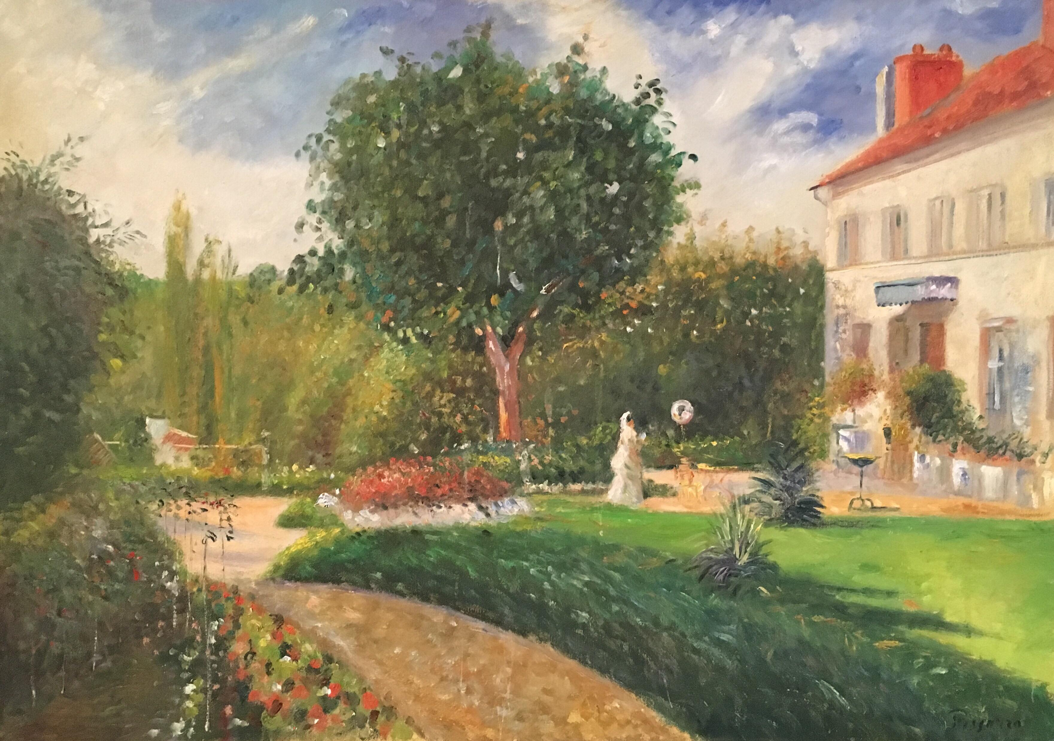 Unknown Landscape Painting - "Giardino des Mathurins" Pissarro homage Impressionist Landscape Oil Painting