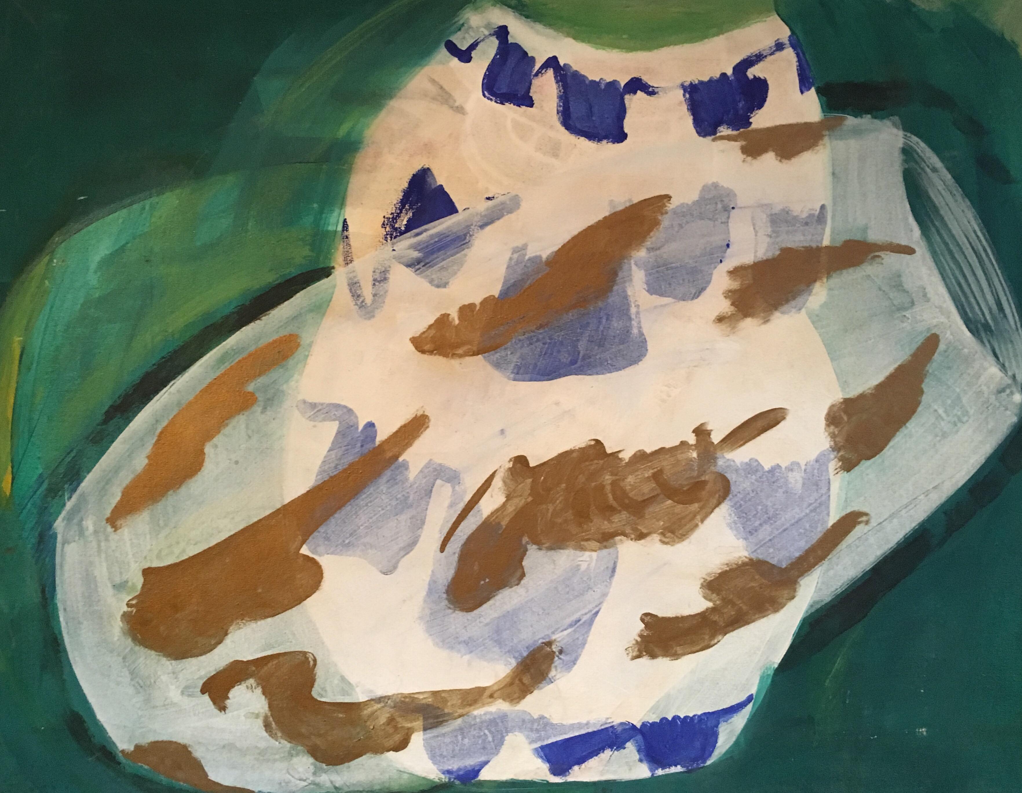 Abstract Painting Roland Gautier - Peinture à l'huile abstraite, couleur verte, bleue et or