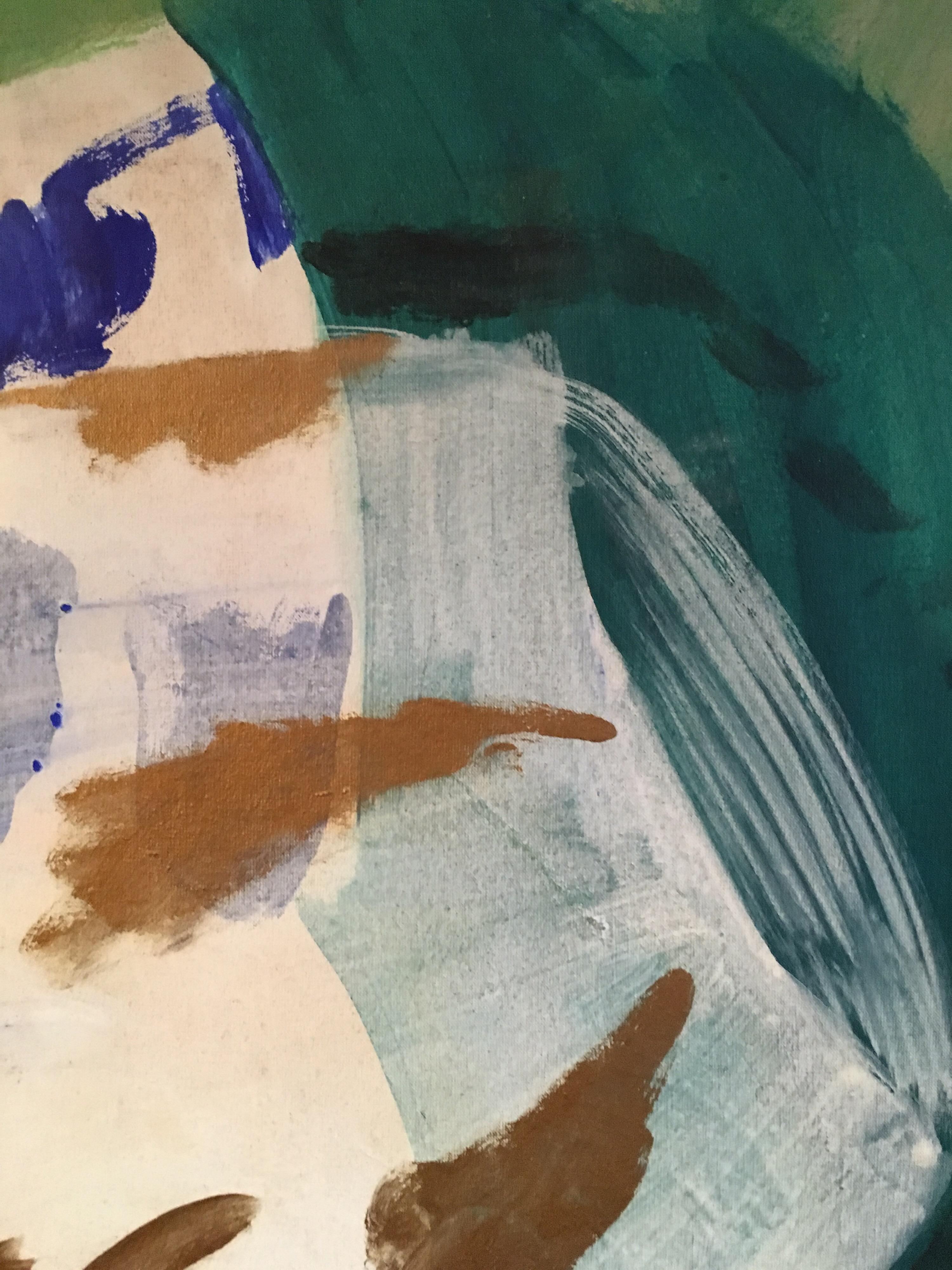 Peinture à l'huile abstraite, couleur verte, bleue et or - Gris Abstract Painting par Roland Gautier