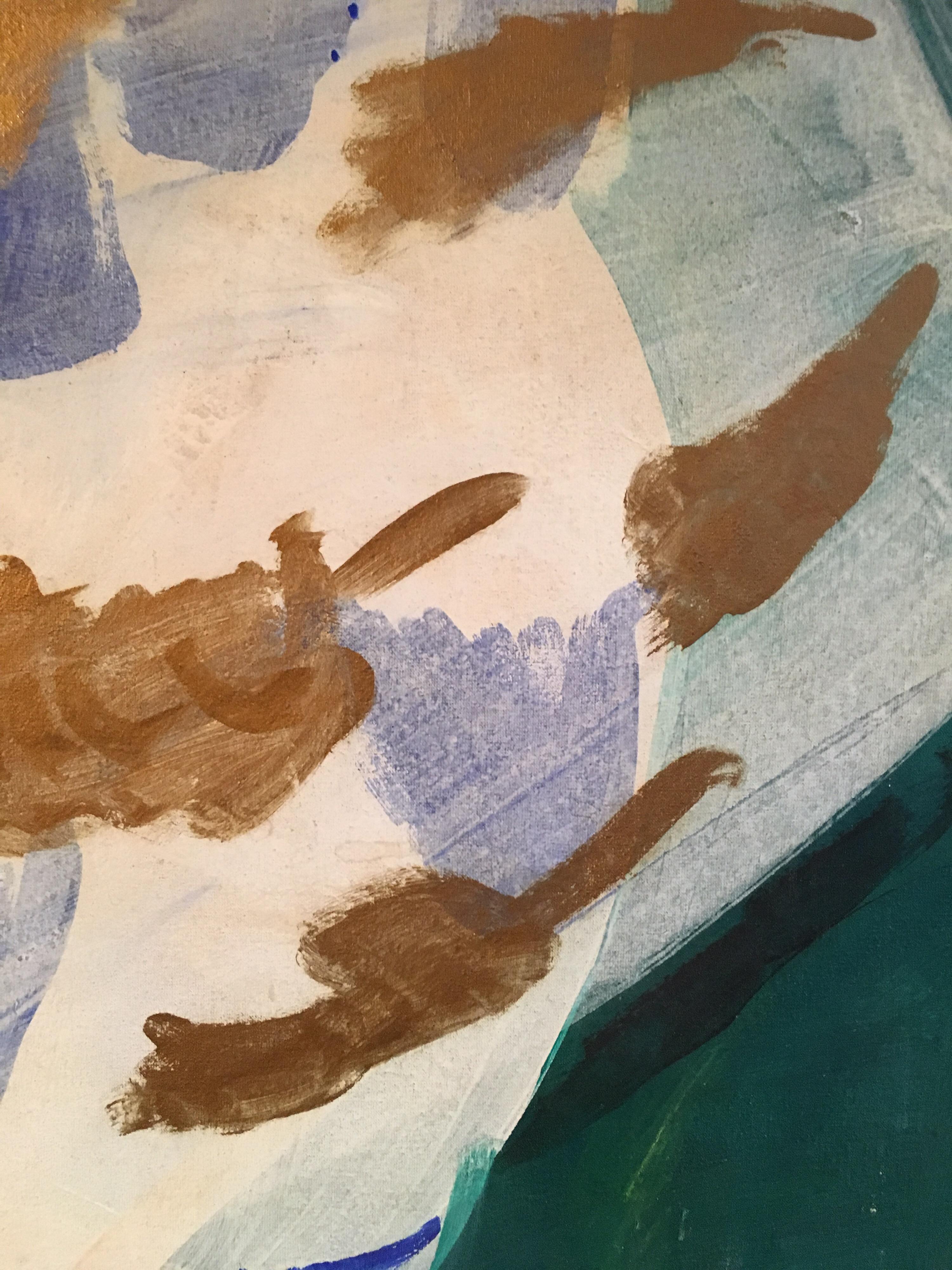 Peinture à l'huile abstraite, couleurs vert, bleu et or
Par l'artiste français Roland Gautier, 20e siècle
Signé par l'artiste au dos de la peinture
Peinture à l'huile sur carton, encadrée
Taille de l'encadrement : 30 x 37.5 pouces

Abstrait