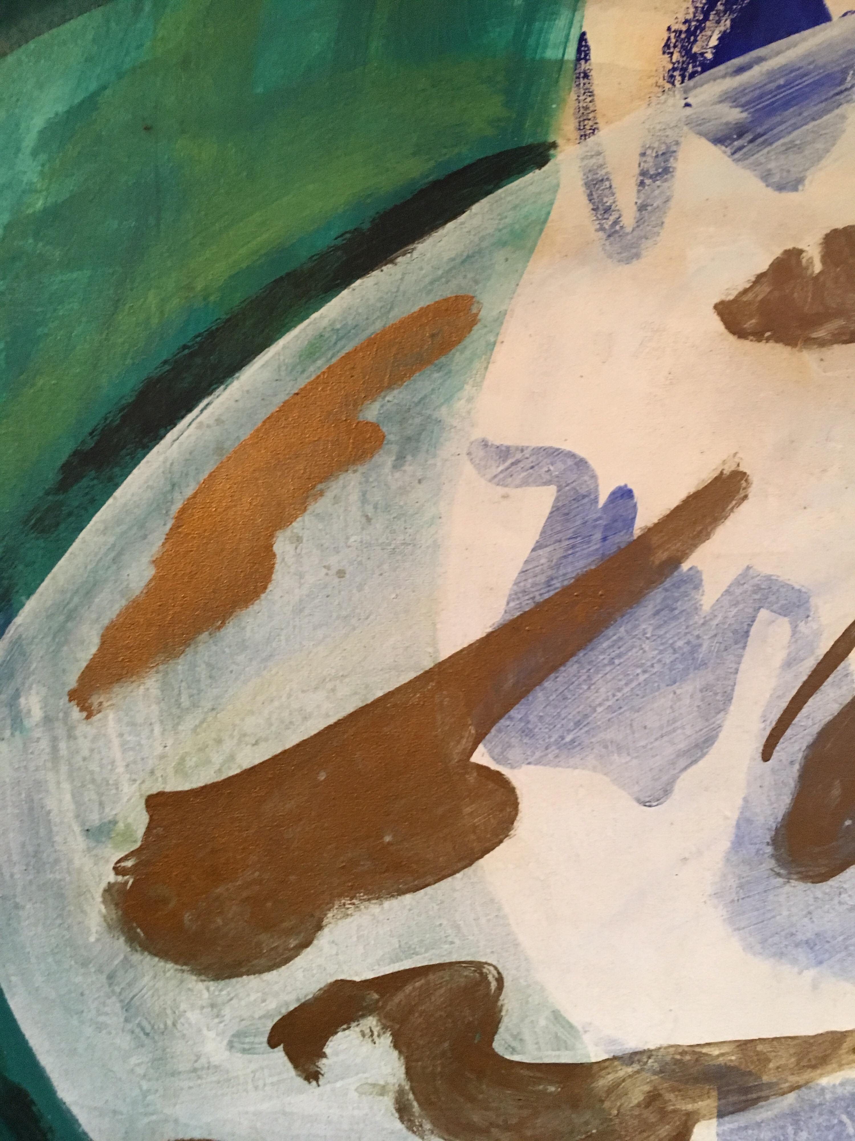 Pittura a olio astratta, colori verde, blu e oro in vendita 3