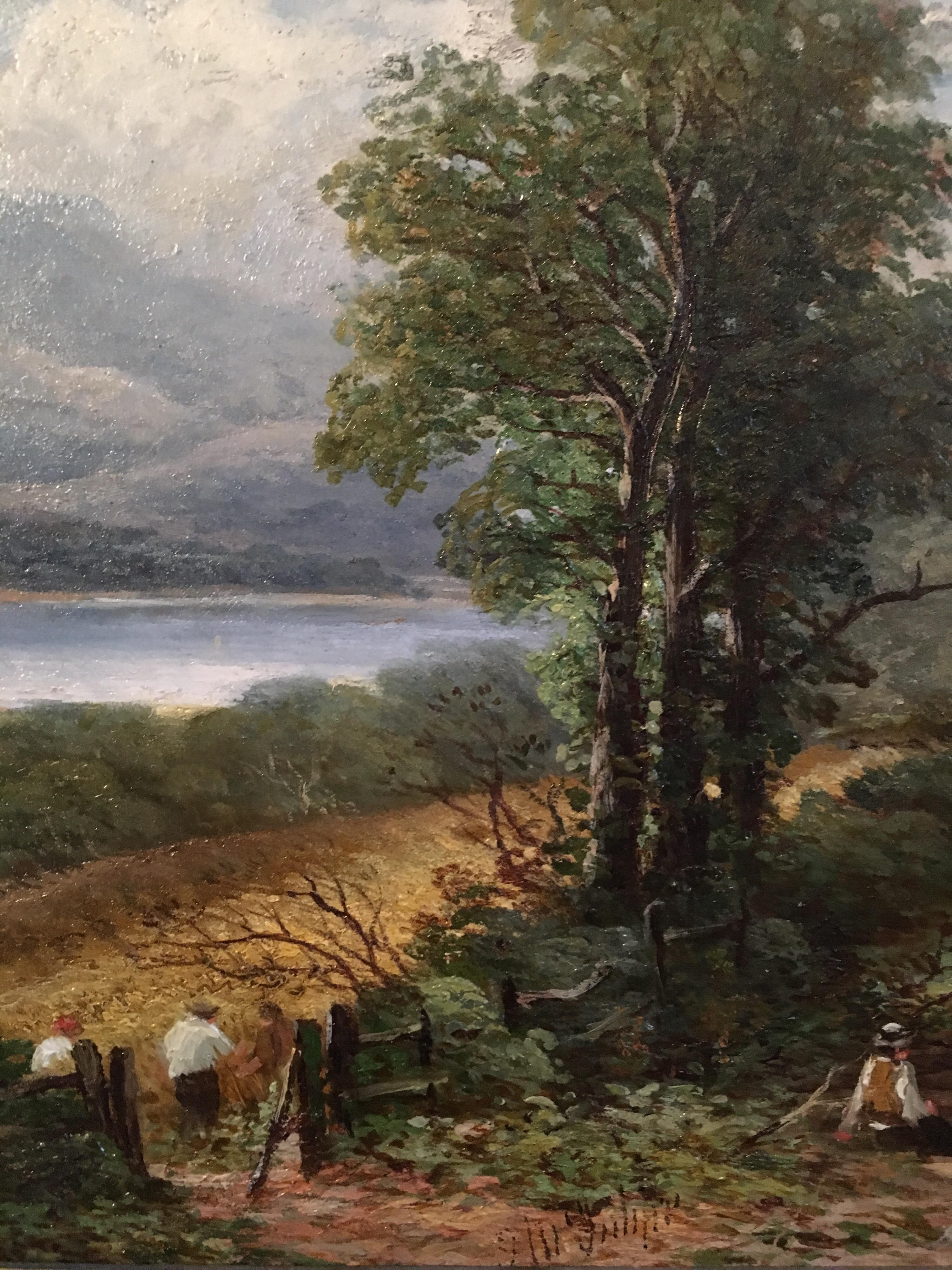 Antique Scottish Landscape, 19th century, Loch Lomond, Signed, Elegant Frame
By British artist 'Joseph Wrightson McIntyre', Mid 19th Century
Signed by the artist on the lower right hand corner and verso
Oil painting on canvas, framed
Framed size: