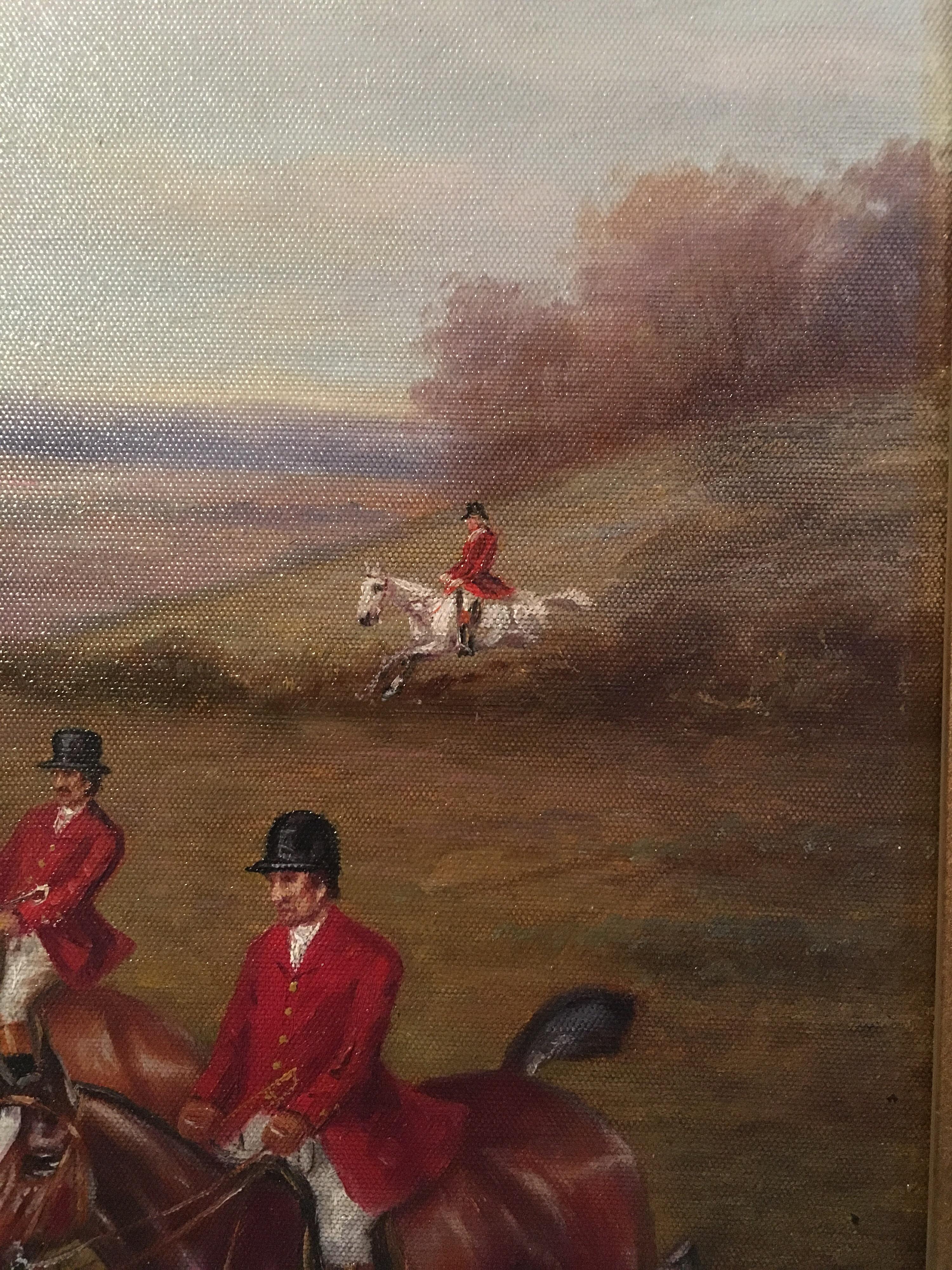 Fox Hunt Original Oil Painting, Impressionist Landscape, British, Signed
By British artist Jack Levine, Mid 20th Century
Signed by the artist on the lower right hand corner
Oil painting on canvas, framed
Framed size: 30 x 17.5 inches

Fabulously