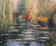 Vintage Water Lilies, Impressionist Stylised Landscape, Original Colourful Oil Painting