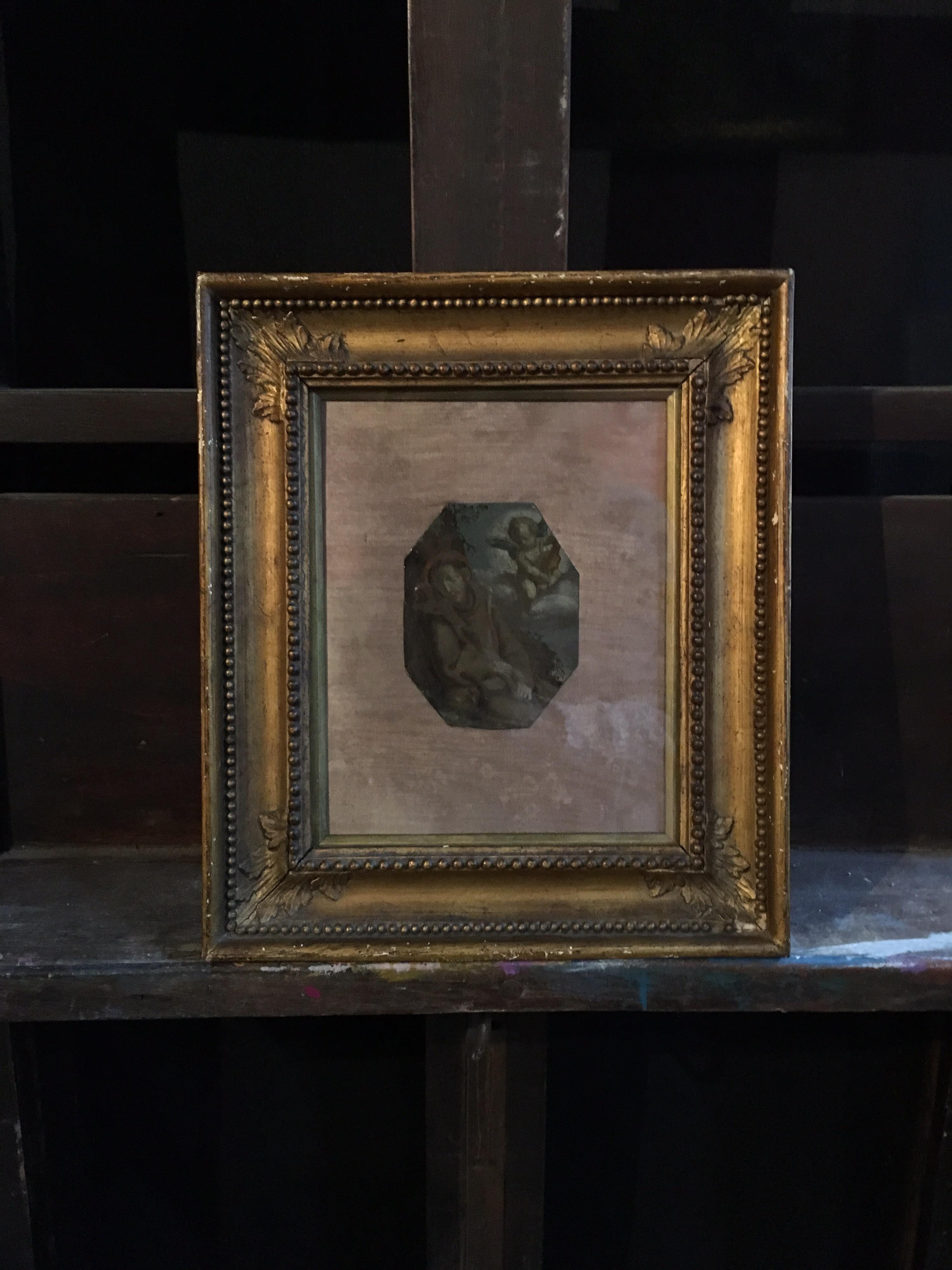 Angelo custode, olio su rame Old Master italiano del XVII secolo - Portrait Painting Grigio di Unknown
