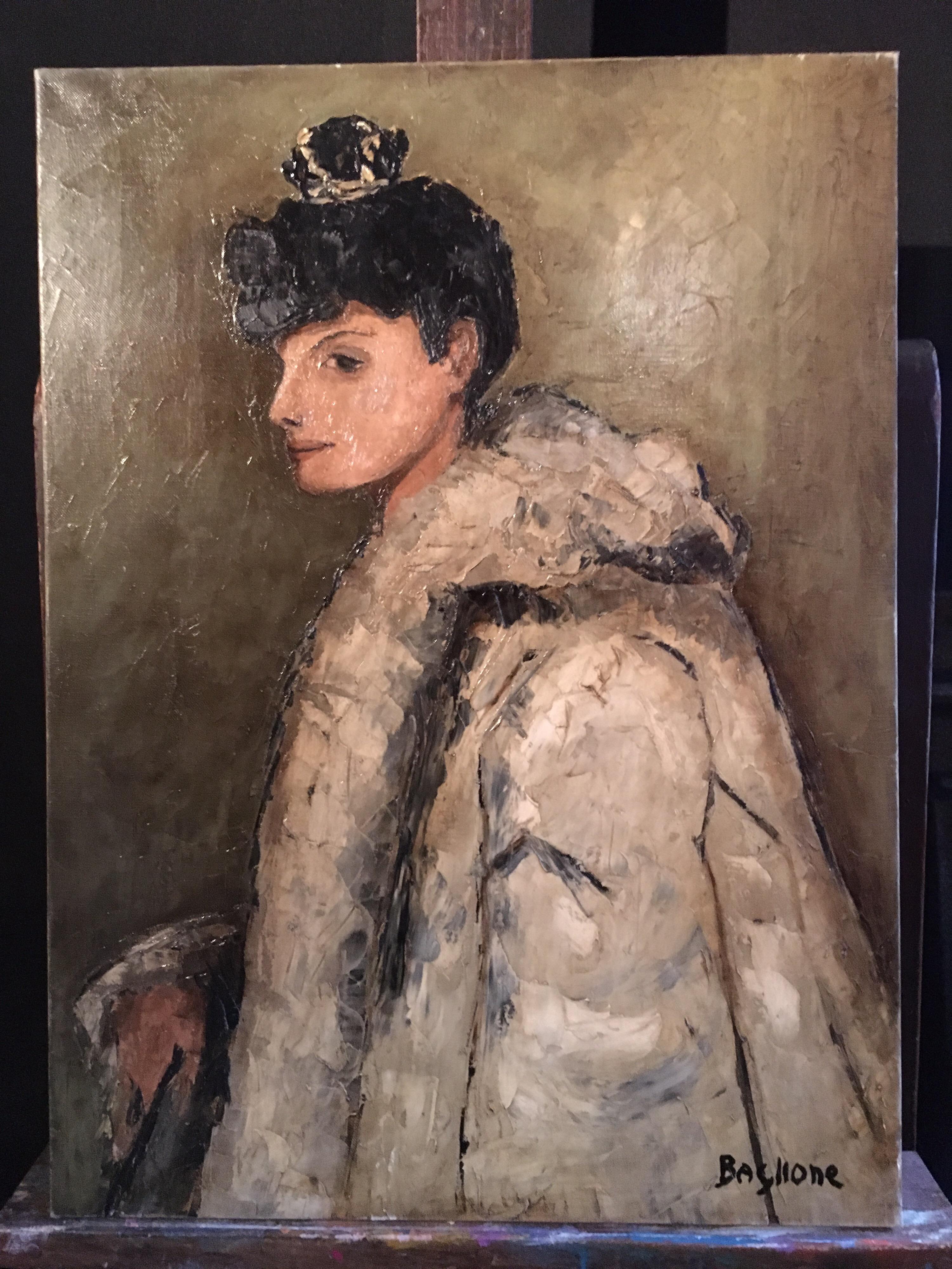 French Impressionist Portrait, Fur Coat, Stylish Female Model, Signed Oil - Painting by Baglione Gilbert