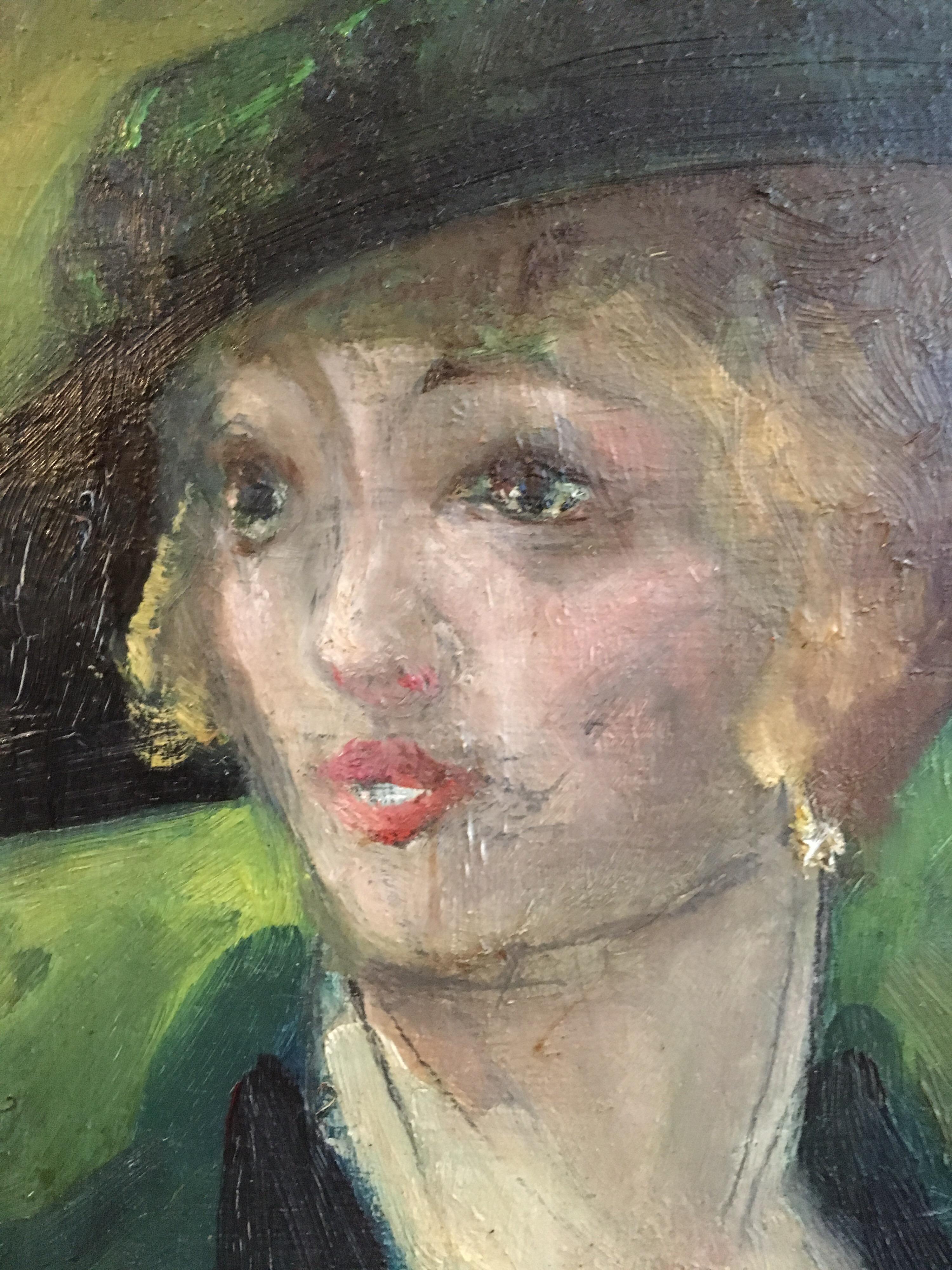 Portrait d'une femme élégante des années 1920, peinture à l'huile britannique - Gris Portrait Painting par Unknown