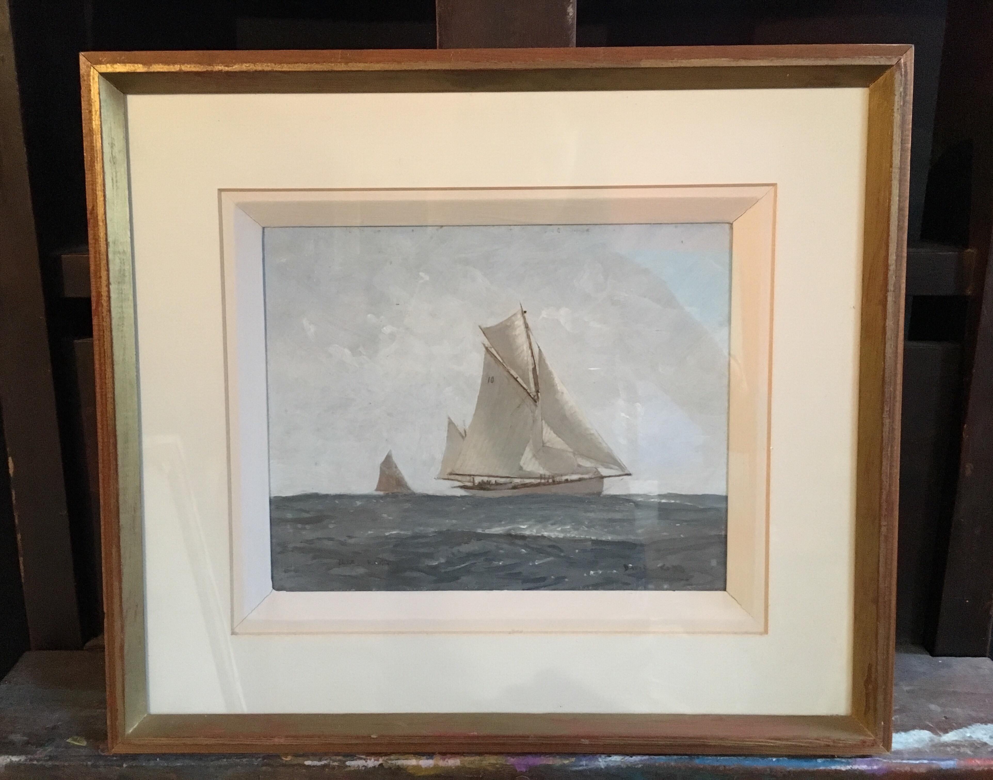 Nautical Oil Painting, Marine Seascape, White Sail Boat, Impressionist, Signed
By British artist, David Cobb, Late 20th Century
Signed by the artist on the lower right hand corner
Oil painting on board, framed
Framed size: 14.5 x 16