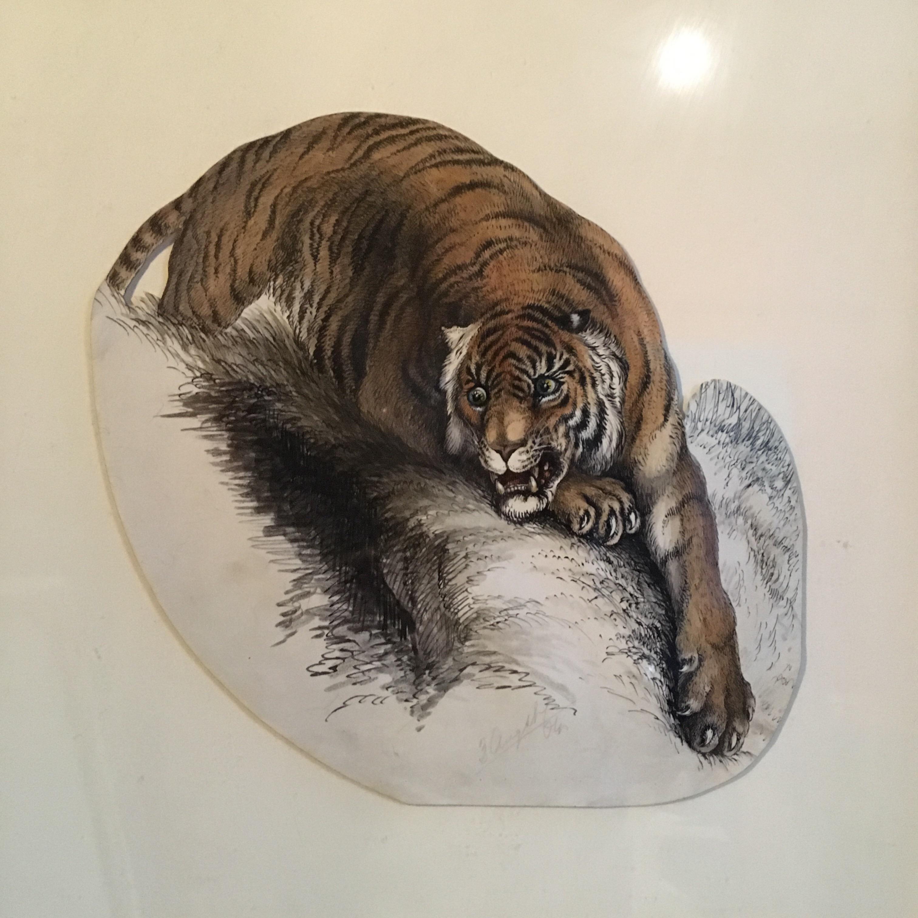Tiger Painting, Antique Watercolour, British Artist, Signed and Dated
By British artist, early 20th Century
Signed and dated '04 indistinctly underneath the tiger
Watercolour and Pencil, cut out and attached to board, framed
Framed size: 17.5 x 17