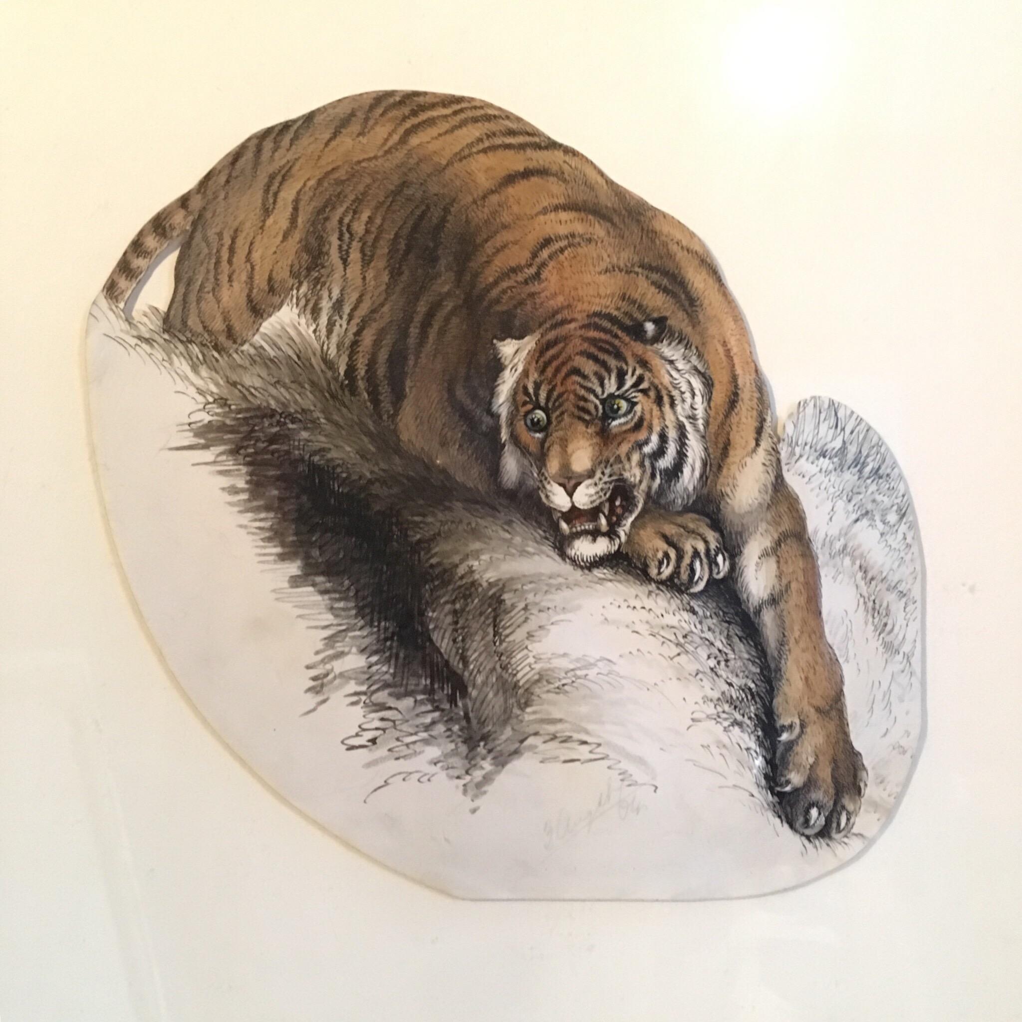 Unknown Animal Painting - Tiger Painting, Antique Watercolour, British Artist, Signed and Dated