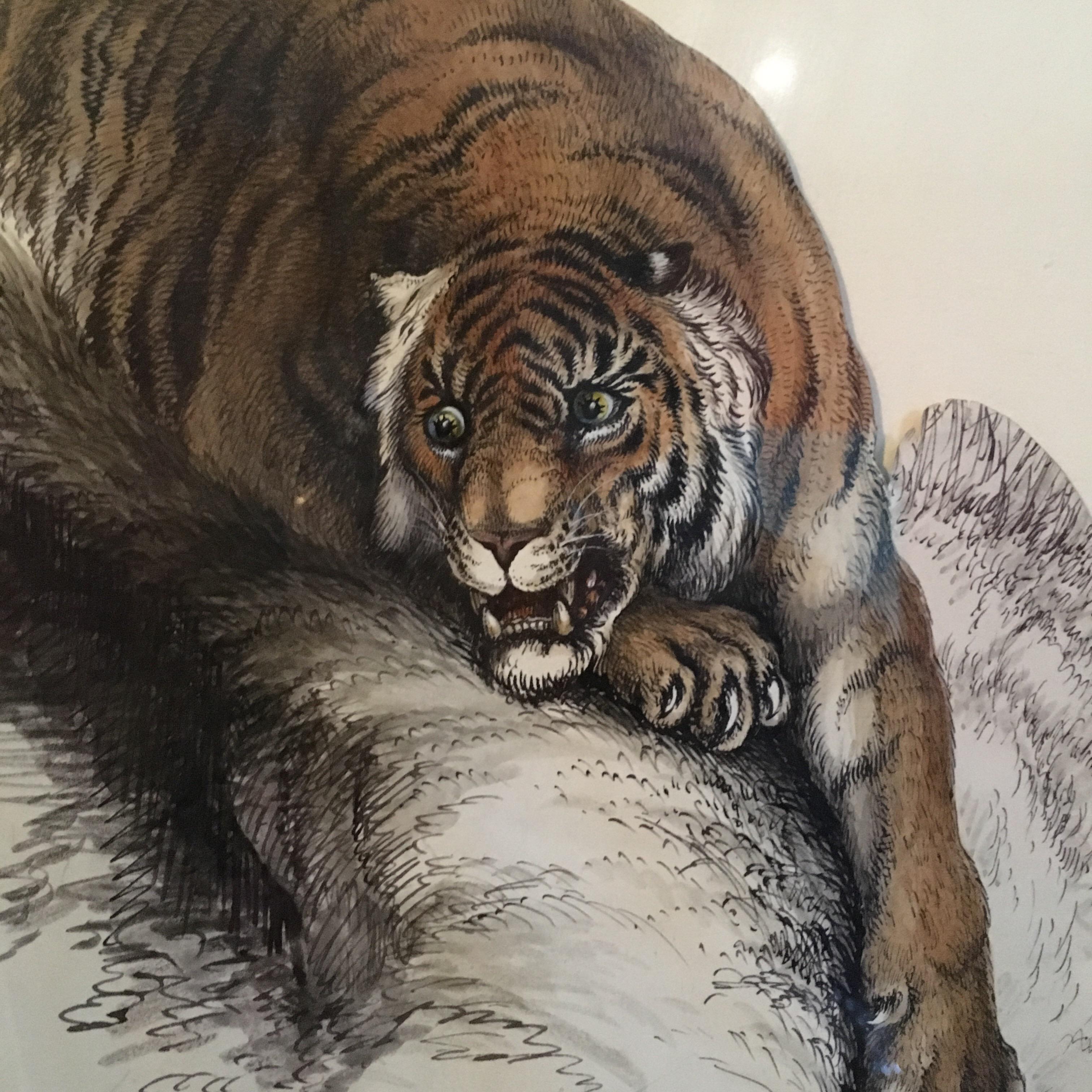 Tiger Painting, Antique Watercolour, British Artist, Signed and Dated - Beige Animal Painting by Unknown