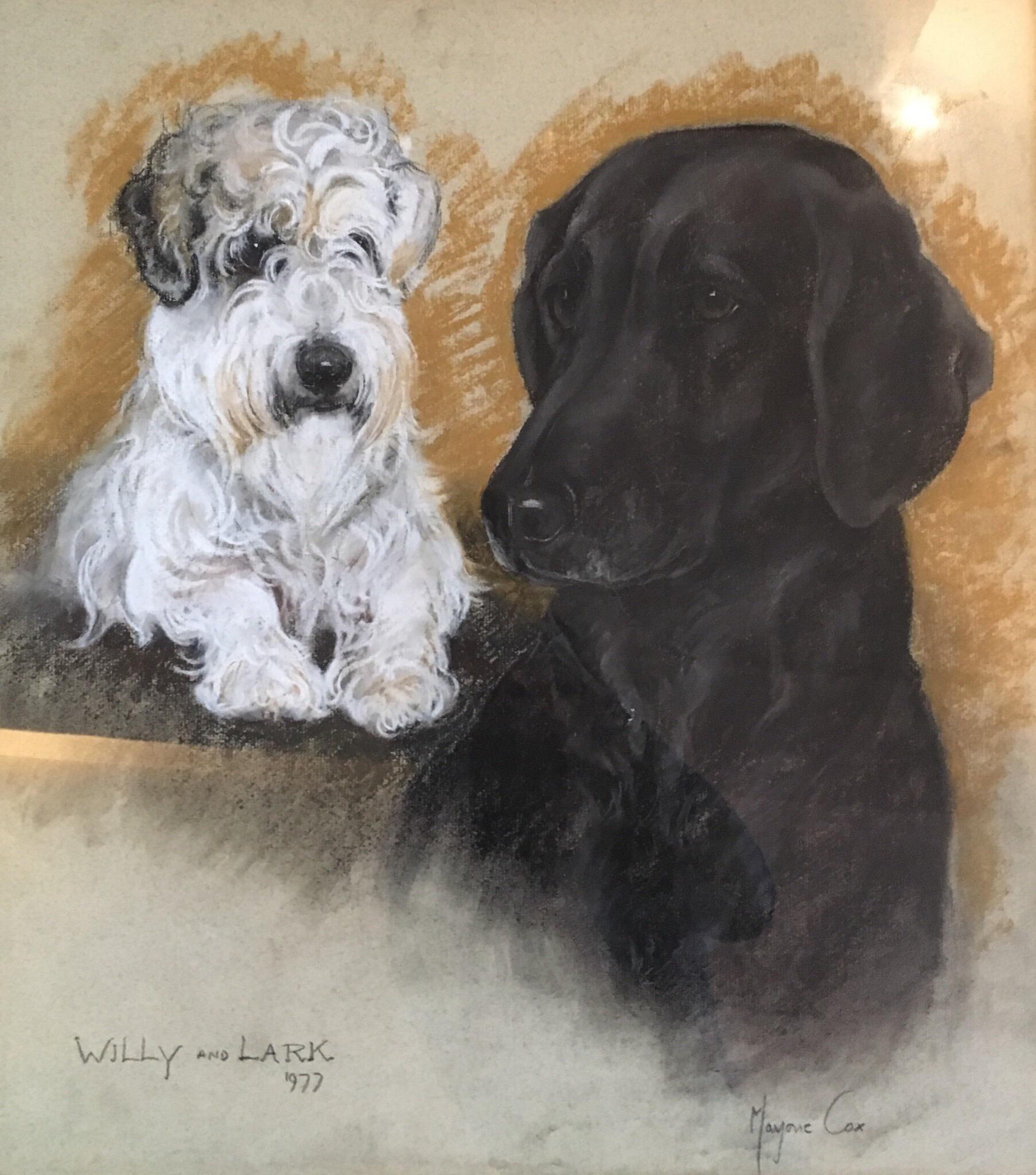 Marjorie Cox Animal Painting - Dog Portrait, Impressionist Painting, Labrador and Terrier, Signed and Dated