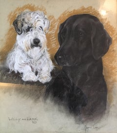 Dog Portrait, Impressionist Painting, Labrador and Terrier, Signed and Dated