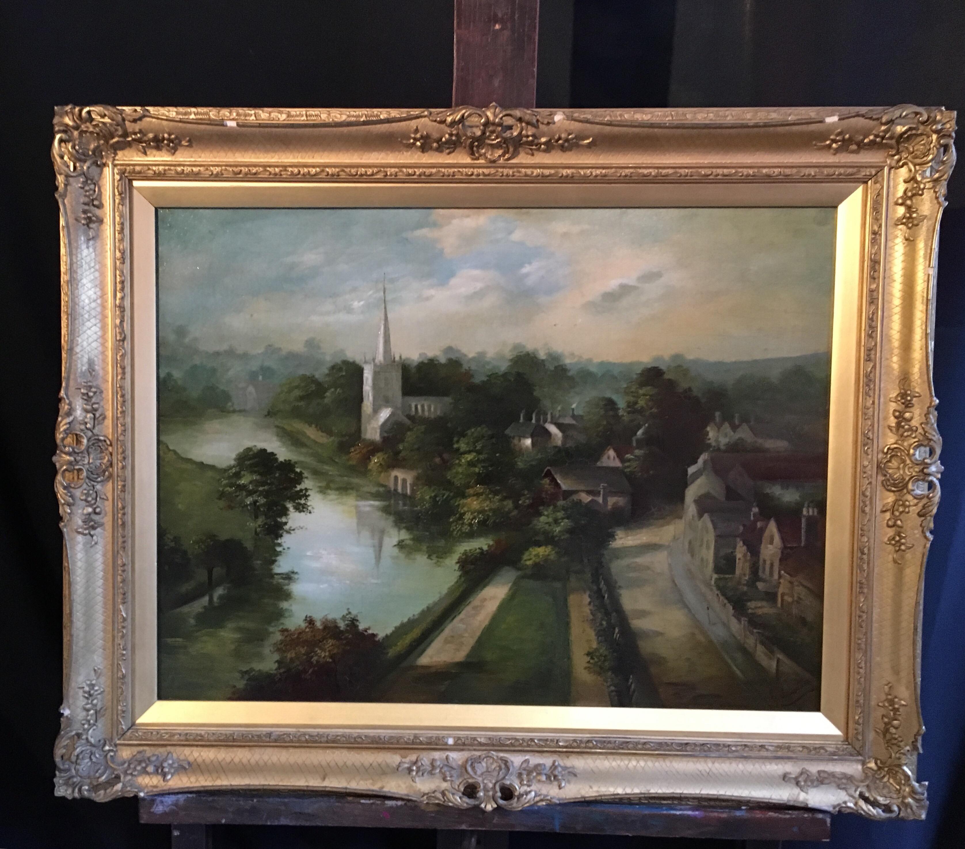 Antique Oil Painting Landscape of 'Stratford Upon Avon', Original Frame, Signed
By British artist G. Lawton, Early 20th Century
Signed by the artist on the lower right hand corner
Oil painting on canvas, framed
Framed size: 24 x 30 inches

Majestic