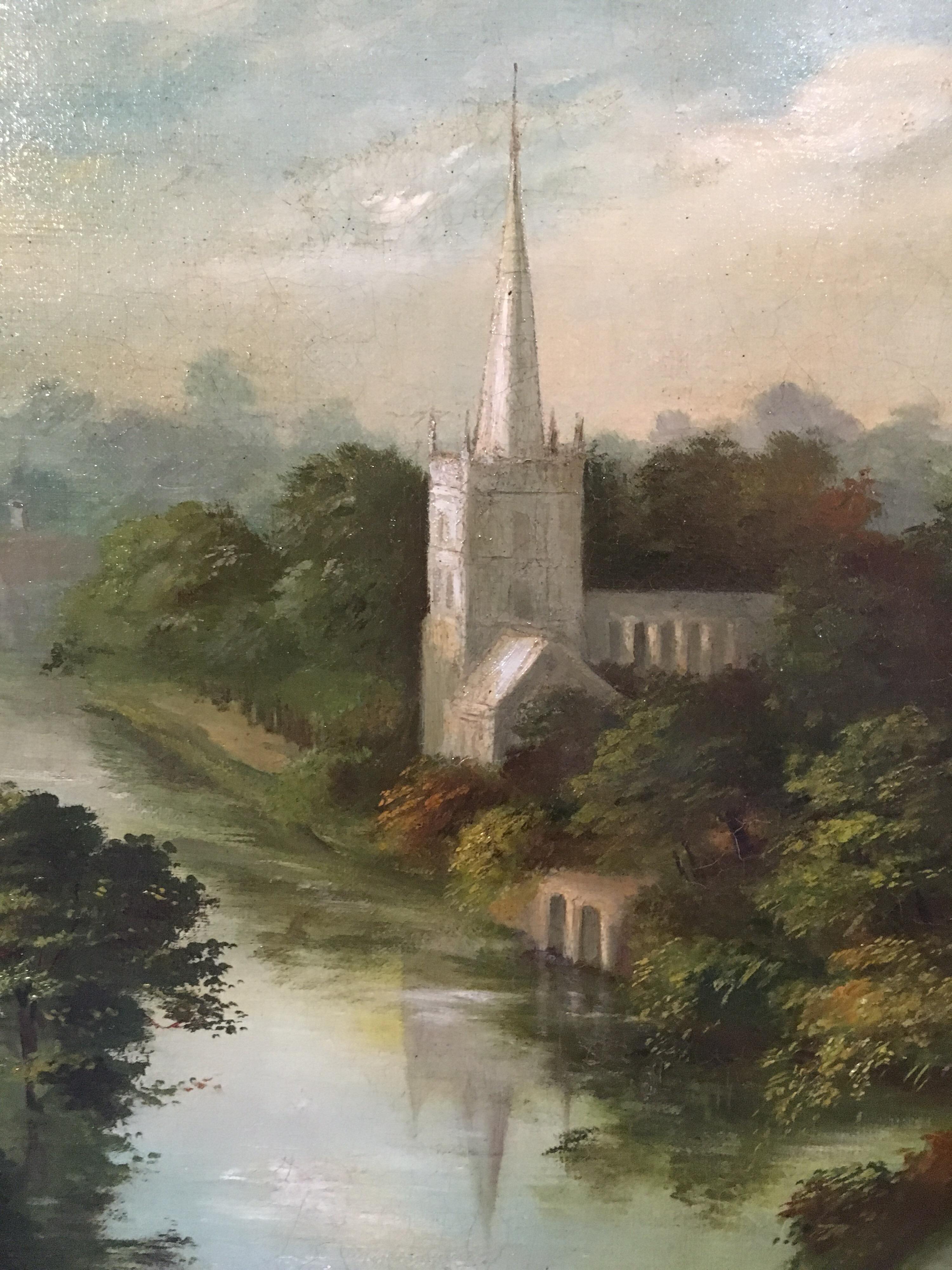 Antique Oil Painting Landscape of 'Stratford Upon Avon', Original Frame, Signed 2