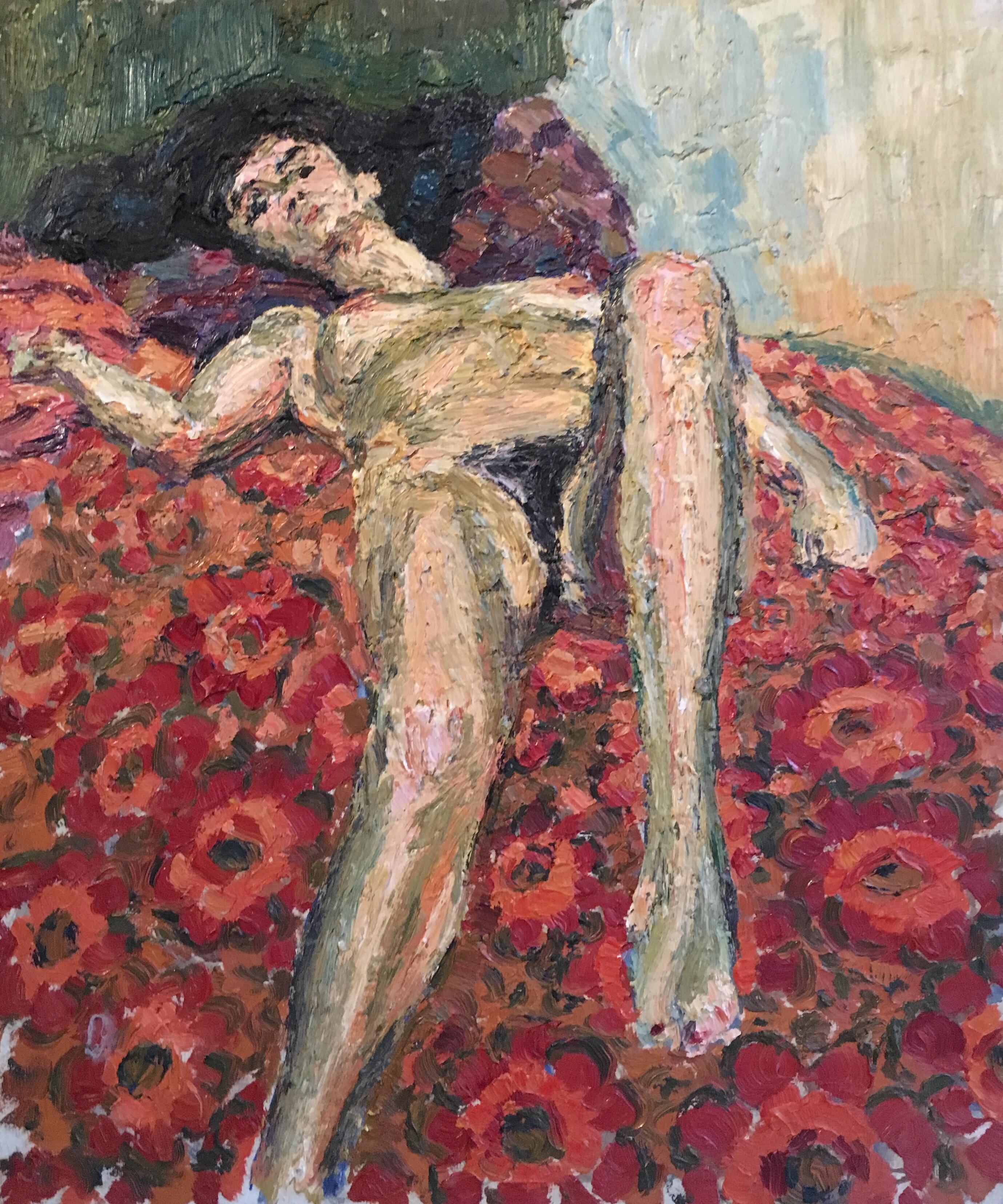Pintura al óleo de mujer desnuda de los años 50, paleta de colores rojos, pintura original