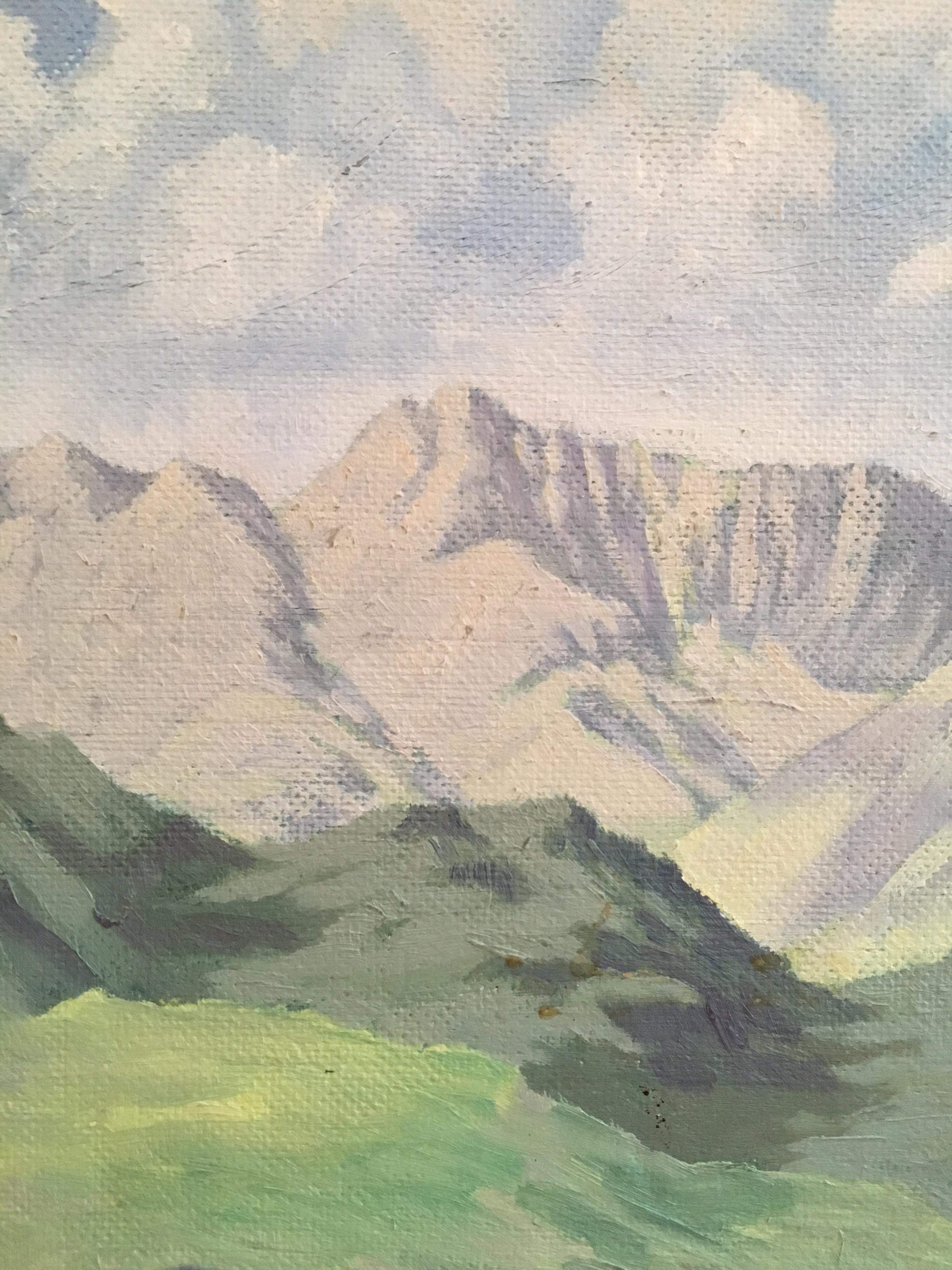 Hilly Mountains, Impressionist Landscape, Original Oil Painting, Signed - Gray Still-Life Painting by Wilfred J.Colclough