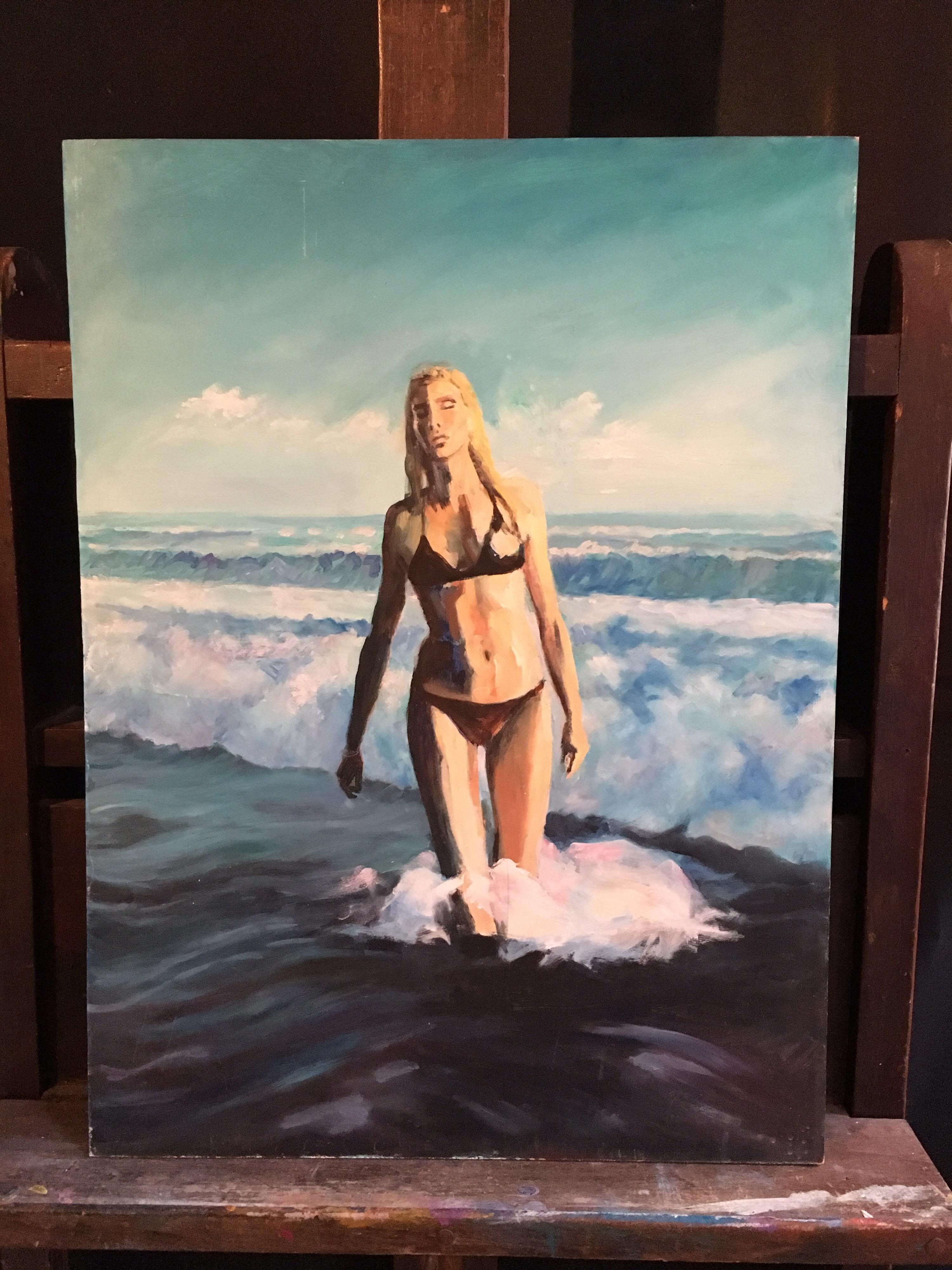 Bañista rubia, Retrato impresionista, Pintura al óleo original - Painting de Derek Kershaw