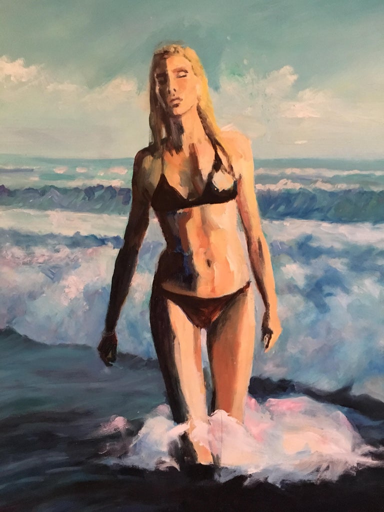 Blonde Bather, Impressionist Portrait, Original Oil Painting,
By British artist, Derek Kershaw, 20th Century,
Signed by the artist verso,
Oil painting on board, unframed
Board size: 24 x 18 inches

An oil painting of a timeless scene, a bather