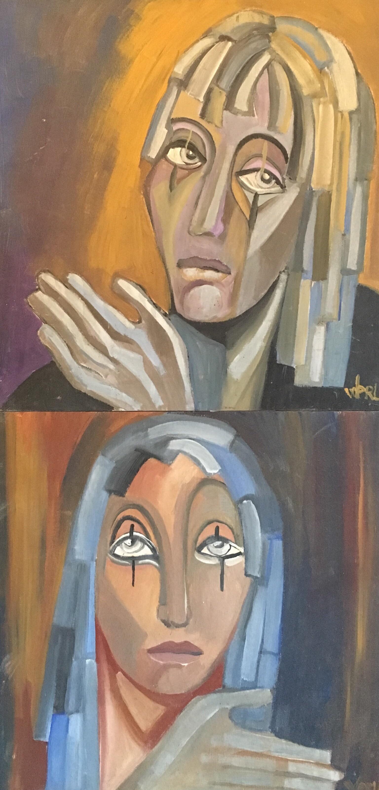 Abstract Painting di Beatrice Werlie - Ritratto astratto francese Due dipinti in uno stile Picasso firmato