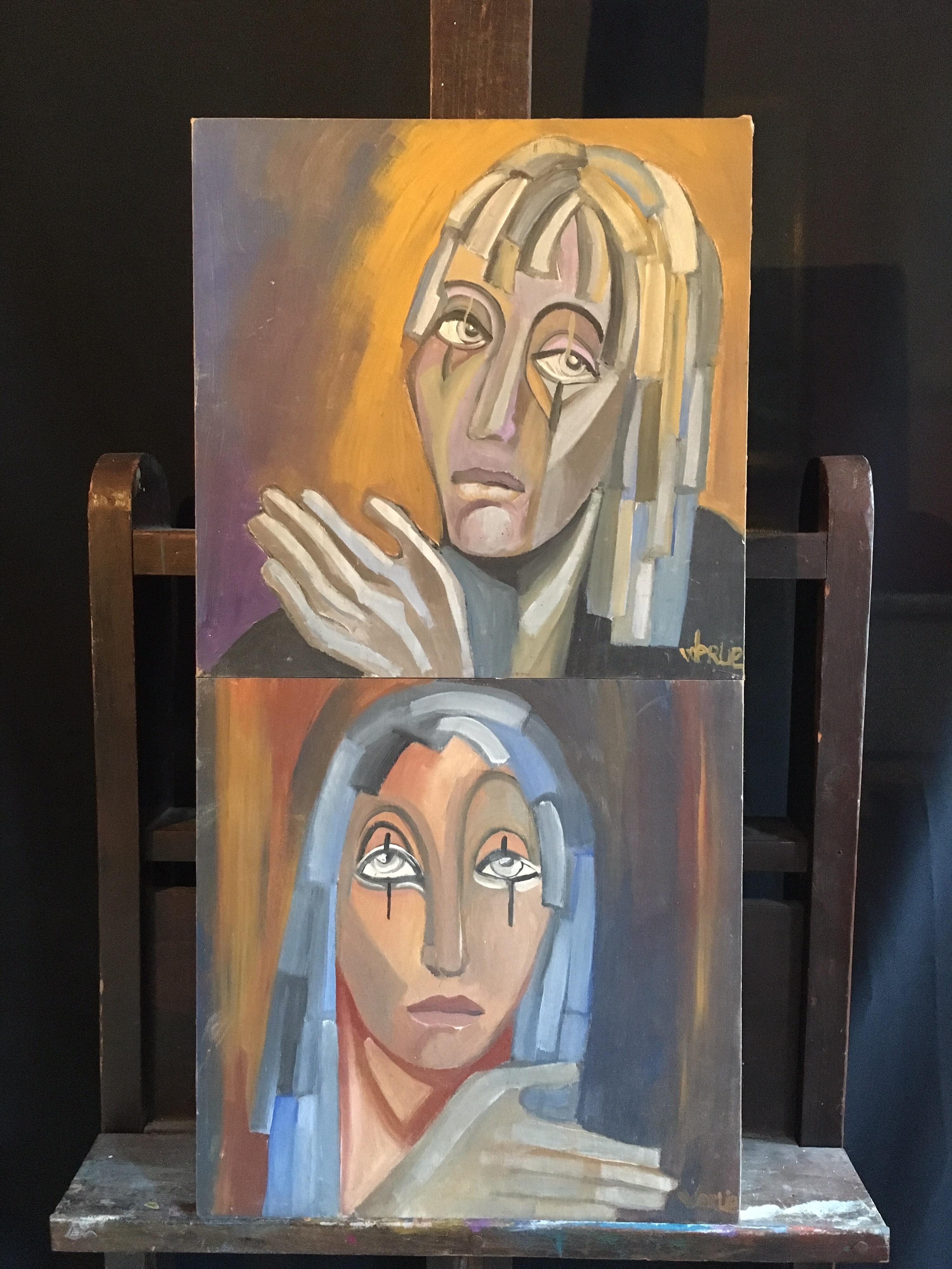 Ritratto astratto francese Due dipinti in uno stile Picasso firmato - Painting di Beatrice Werlie