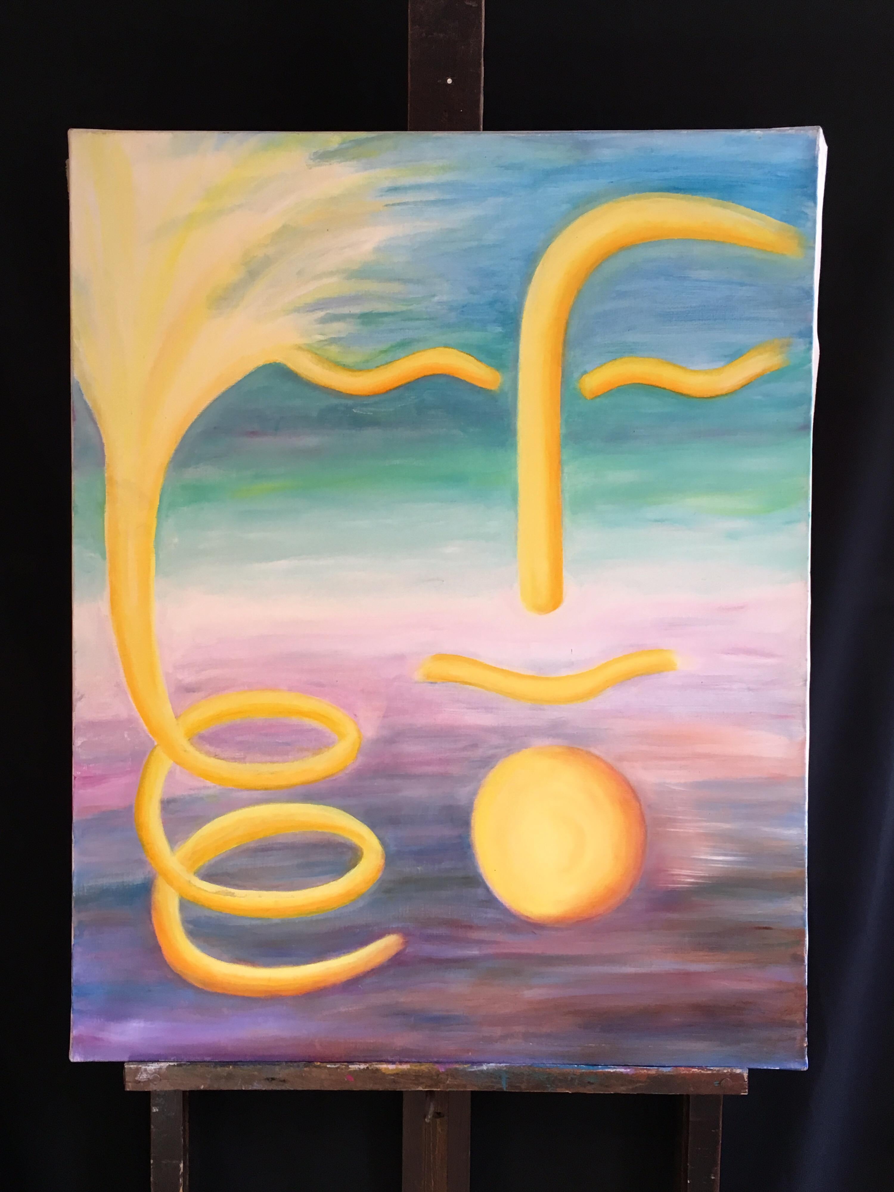 Large Surrealist Abstract, Yellow, Original Oil Painting
By French artist, Sophie Danielle Rubinstain 1922-2018
The painting is stamped with the artists atelier sale stamp verso
Oil painting on canvas, unframed
Canvas size: 36 x 29 inches

Stunning