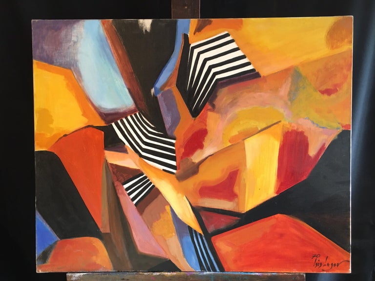 Colourful Cubist Abstract, Signed Original Oil Painting - Orange Abstract Painting by Iris Leger