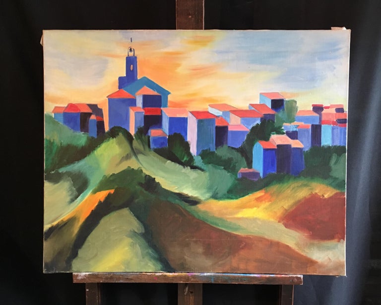 Bright Coloured Cubist Stylised Landscape, Original Oil Painting  - Brown Still-Life Painting by Unknown