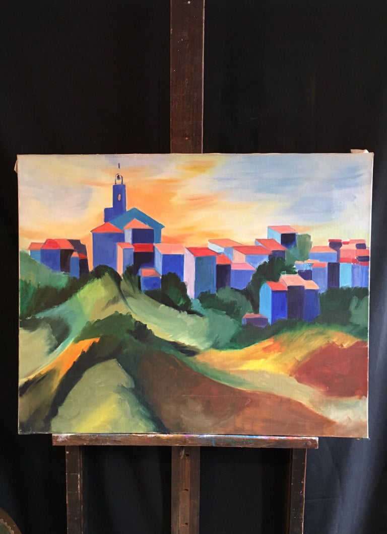 Bright Coloured Stylised Landscape, Original Oil Painting 
By French school, Mid 20th Century
Oil painting on canvas, unframed
Canvas size: 25.5 x 32 inches

Fabulous scene of a little town in the far distance, past some rolling mountains. This