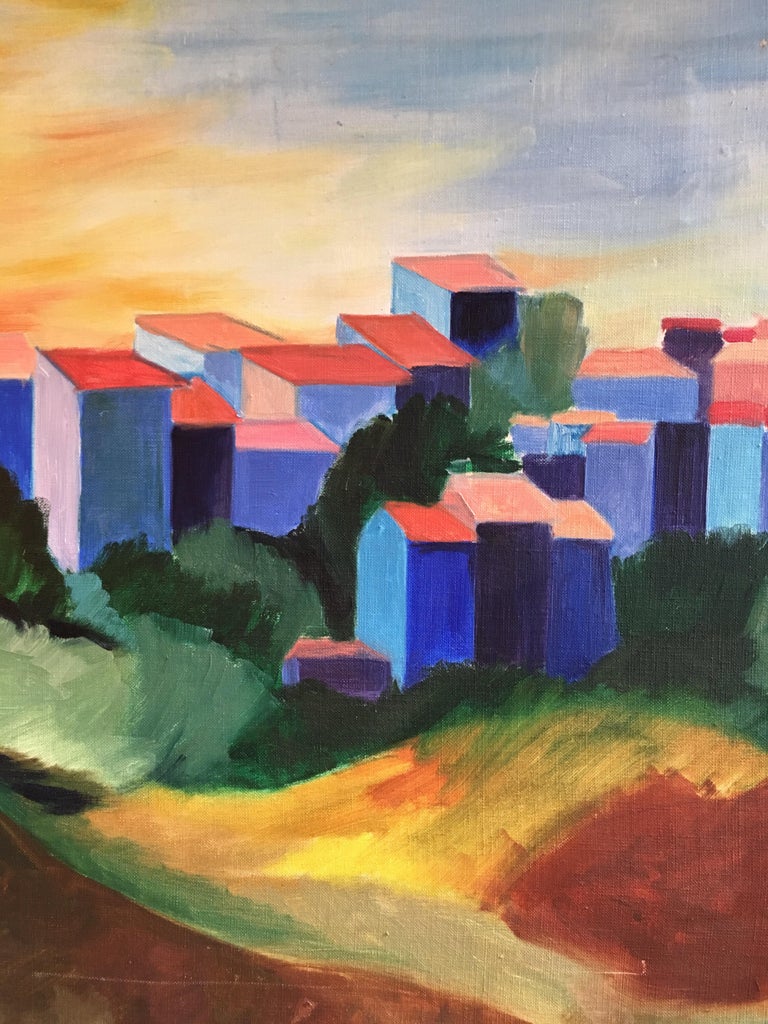Bright Coloured Cubist Stylised Landscape, Original Oil Painting  For Sale 1