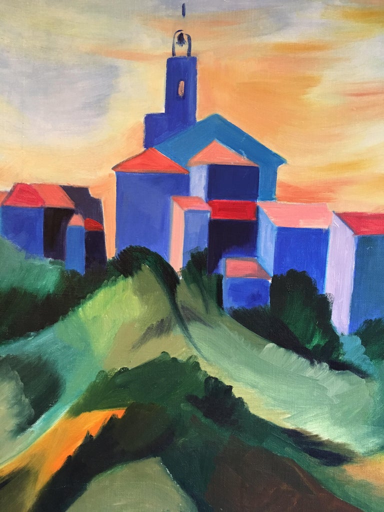 Bright Coloured Cubist Stylised Landscape, Original Oil Painting  For Sale 2