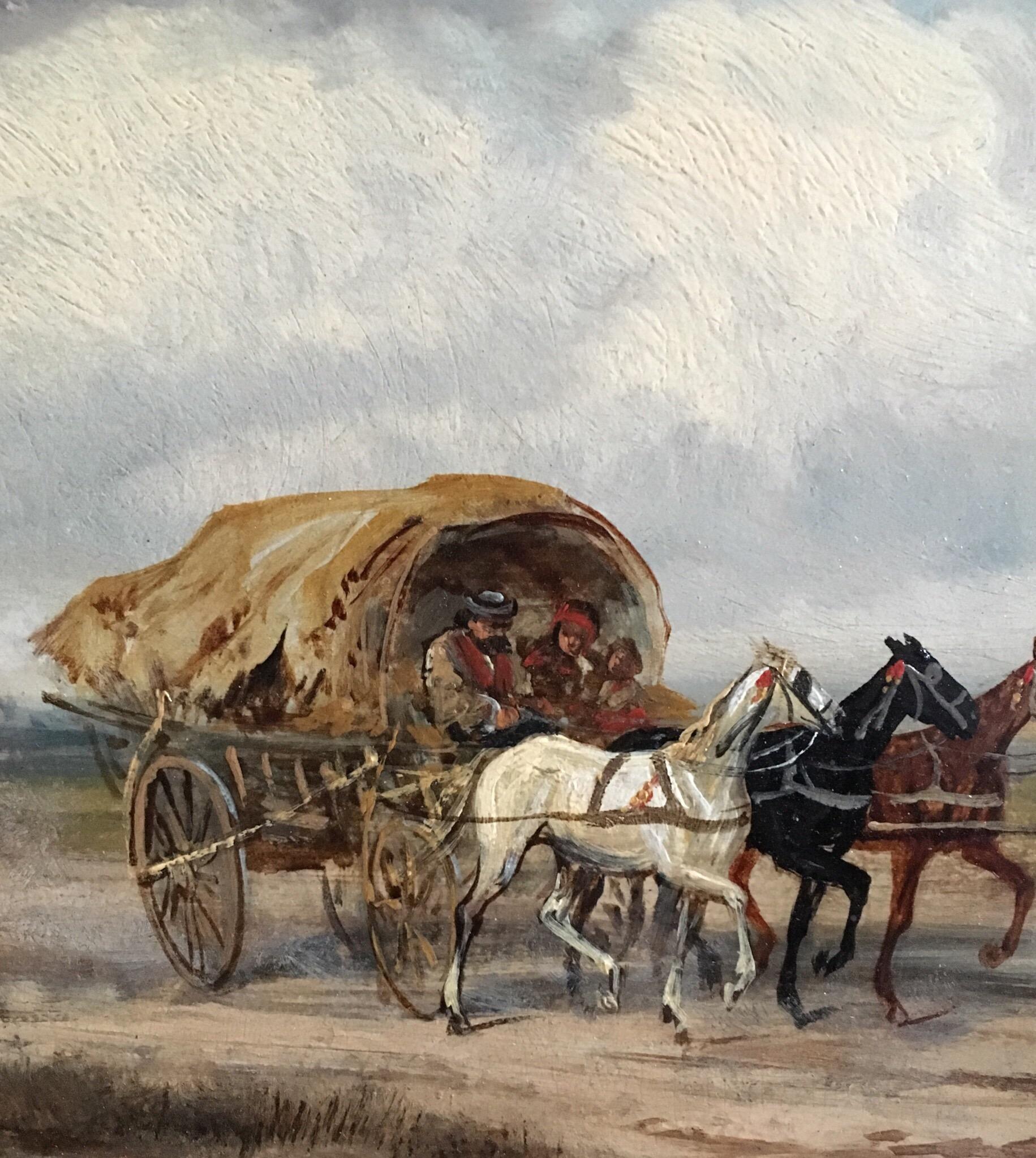 Western Travellers, Signed Victorian Oil Painting, Horses - Gray Landscape Painting by RUDOLF STONE