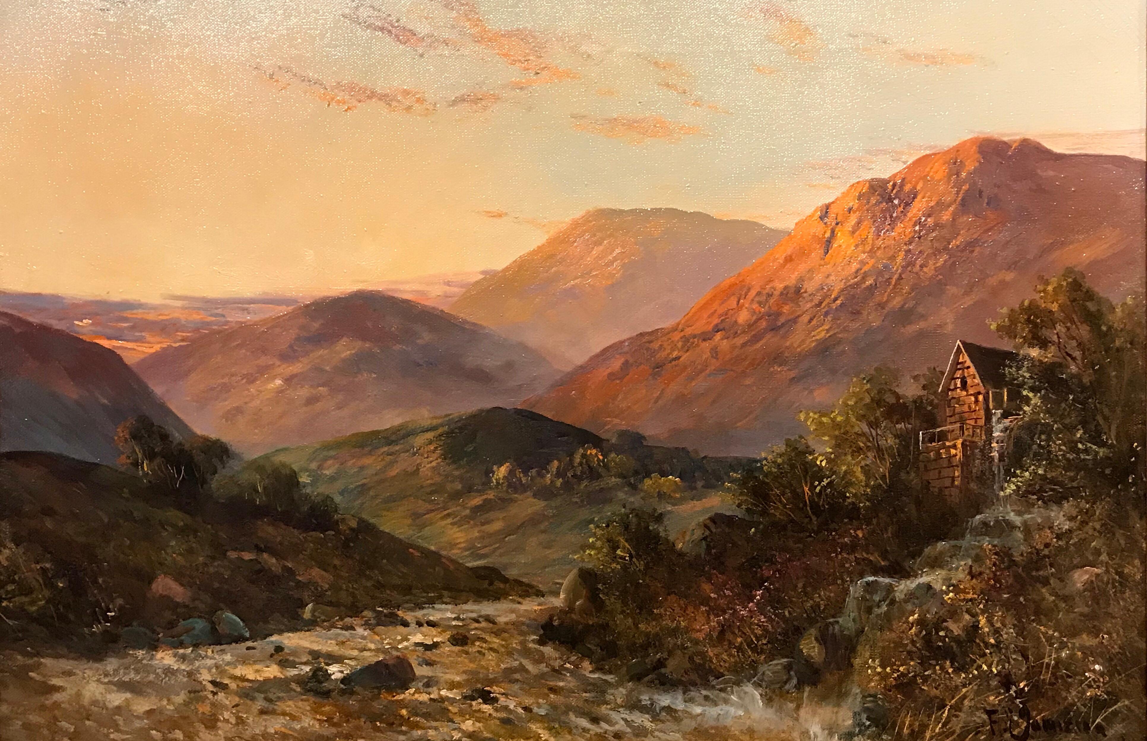 Antique Scottish Oil Painting Highland River Sunset - Brown Landscape Painting by Francis E. Jamieson