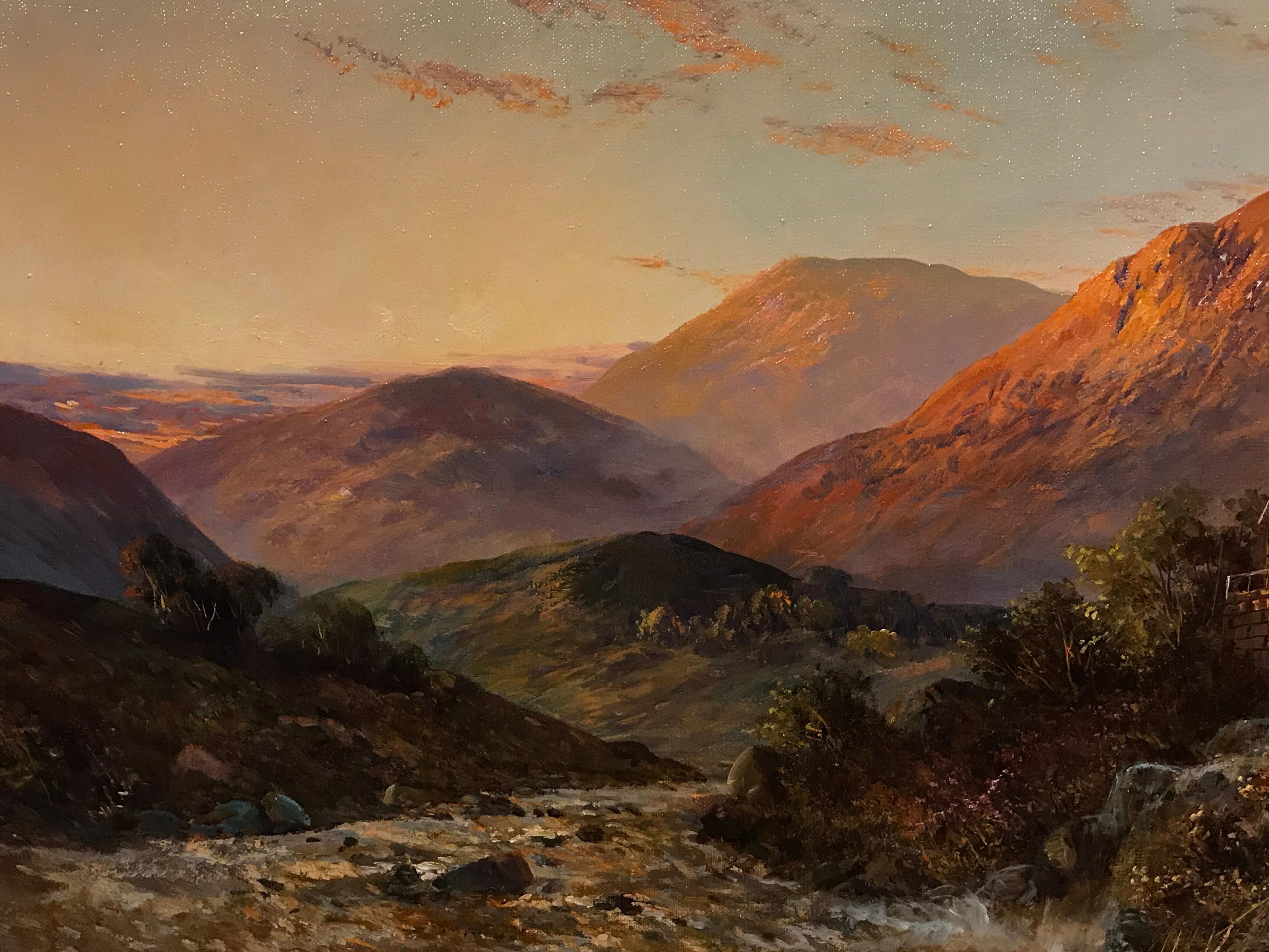 Antique Scottish Oil Painting Highland River Sunset 1