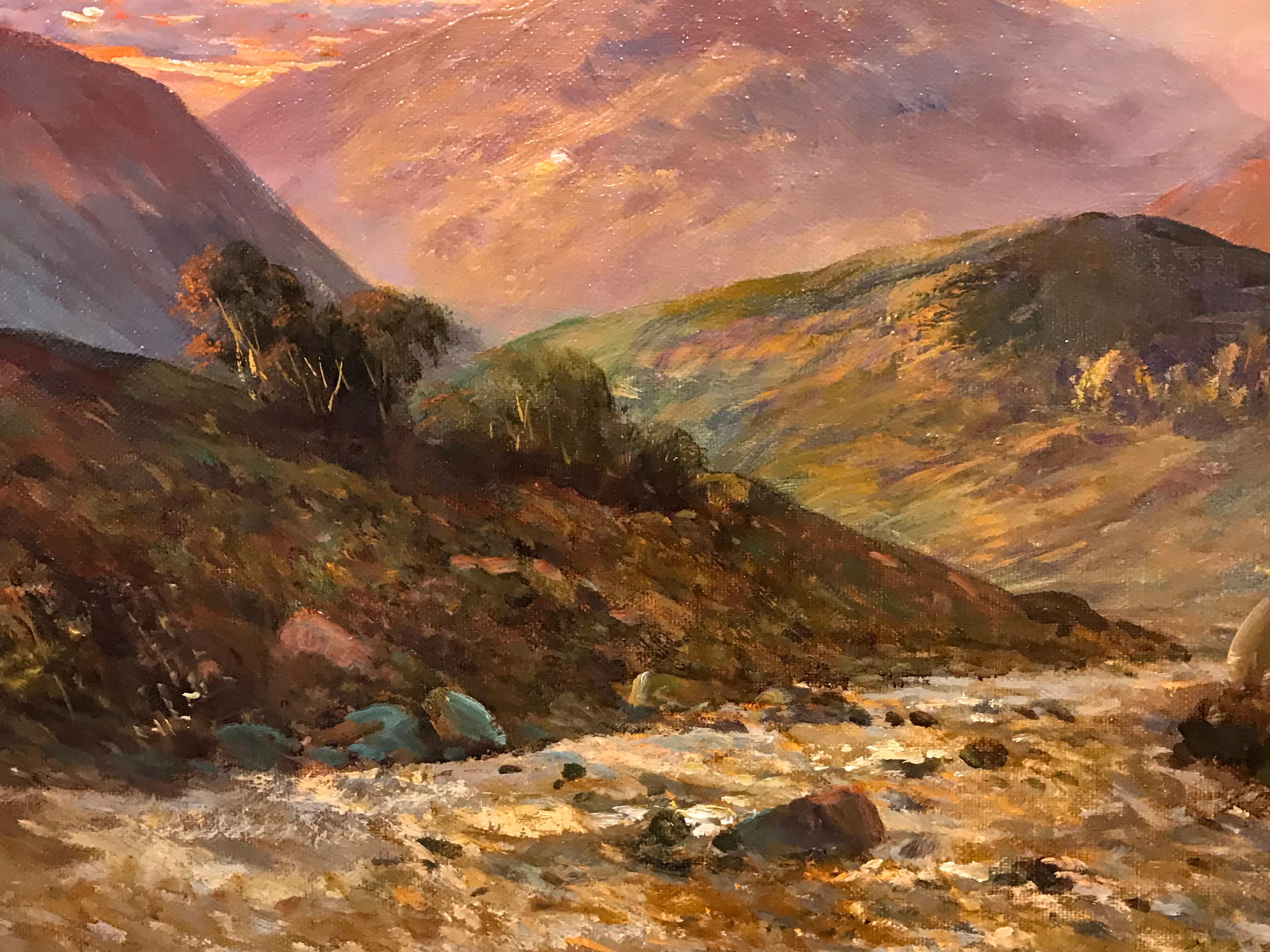 Antique Scottish Oil Painting Highland River Sunset 2