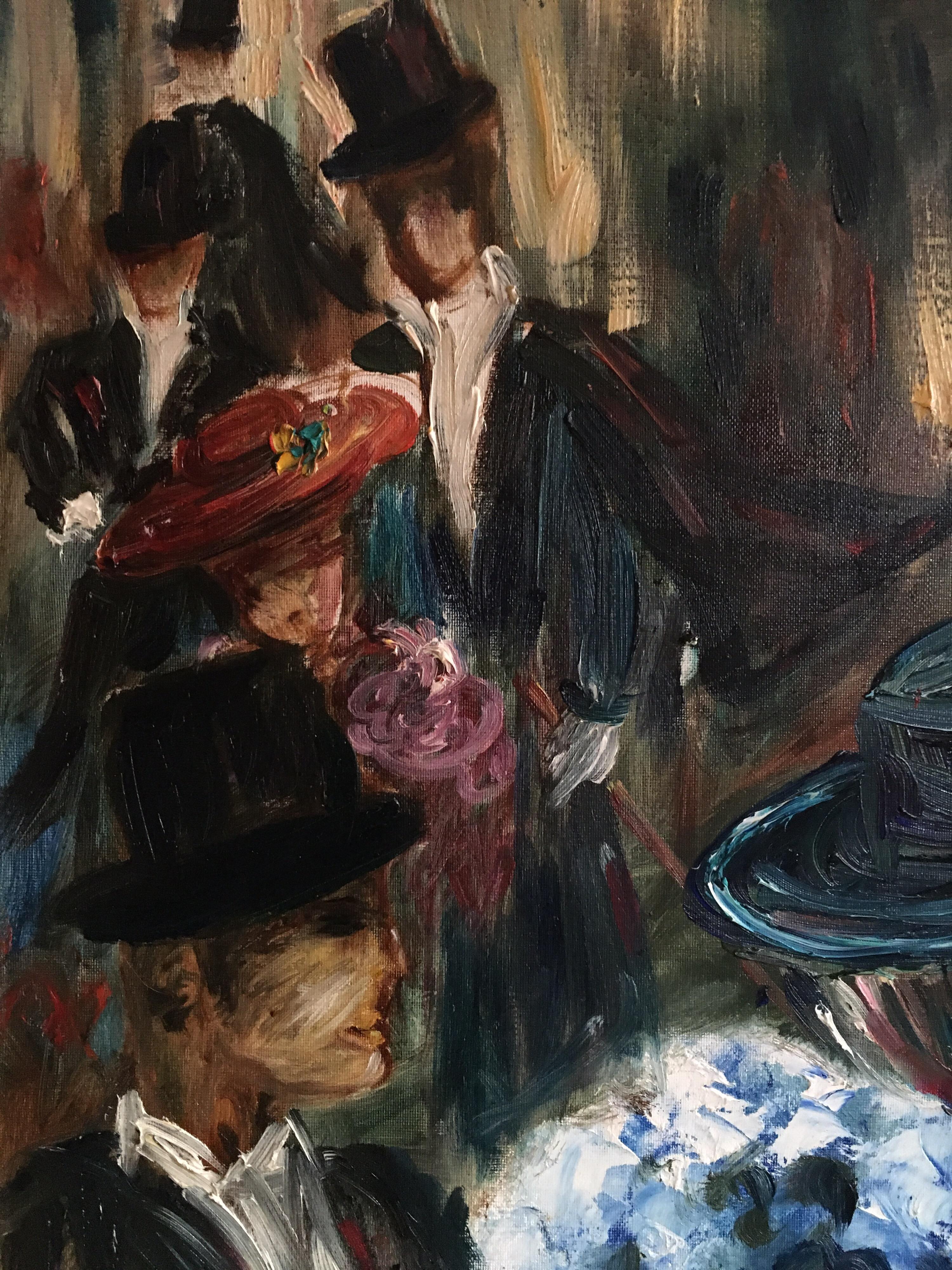 Nacht im Saloon, stilisiertes Porträt, High Society, signiertes Ölgemälde im Angebot 2