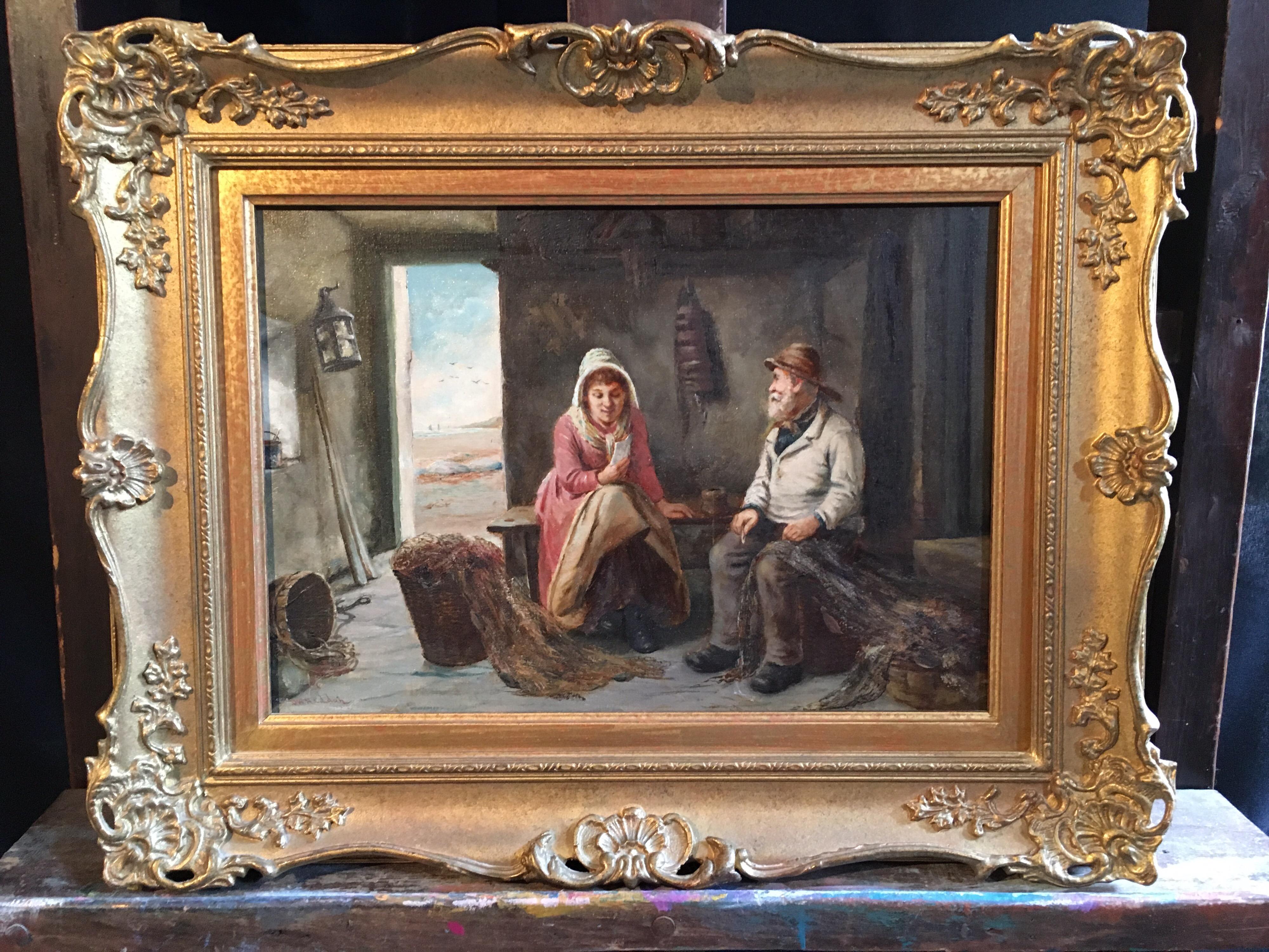 Antique British Oil Portrait The Fishermans Cottage, Original Oil, Signed - Painting by David W. Haddon
