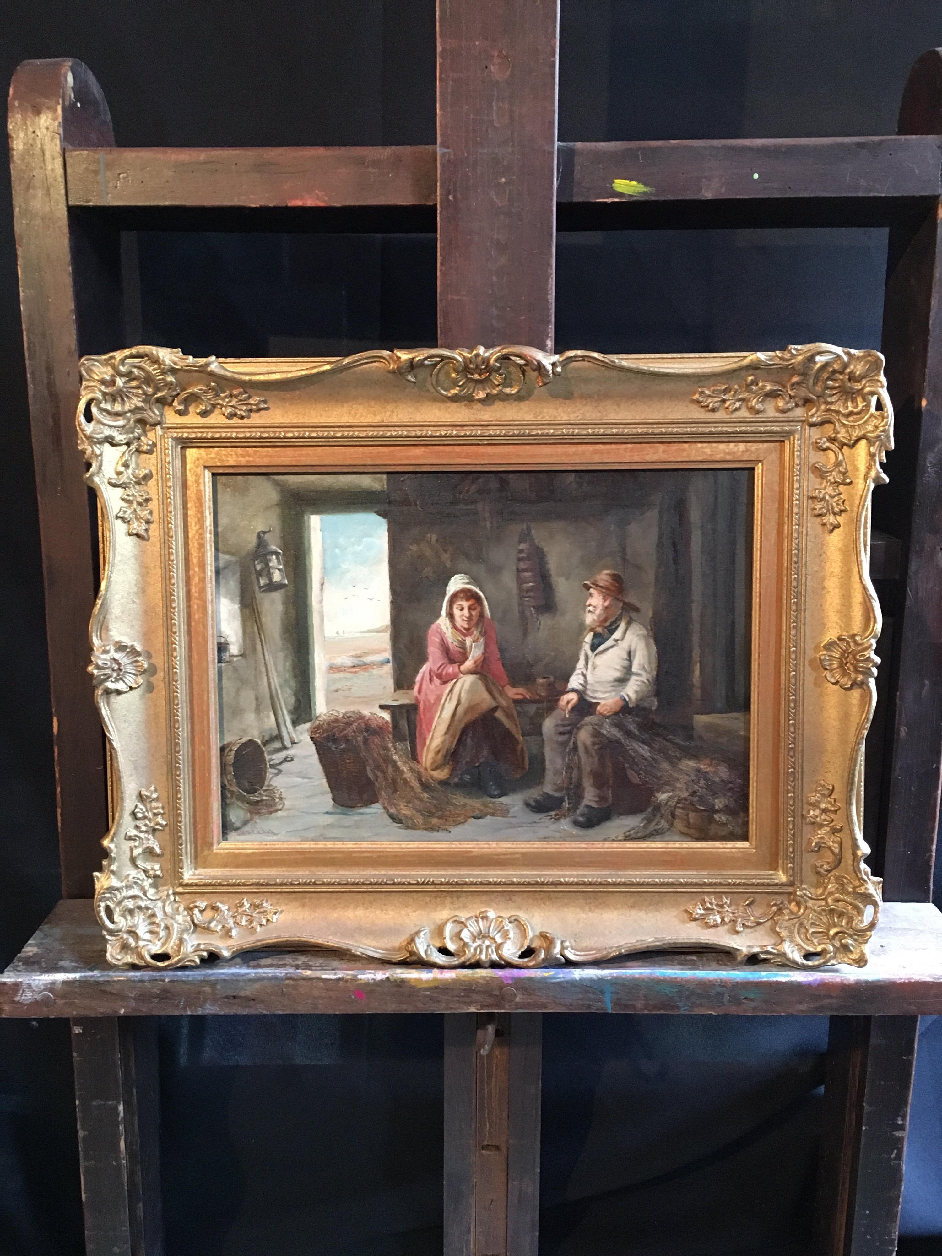 Antique British Oil Portrait The Fishermans Cottage, Original Oil, Signed - Victorian Painting by David W. Haddon