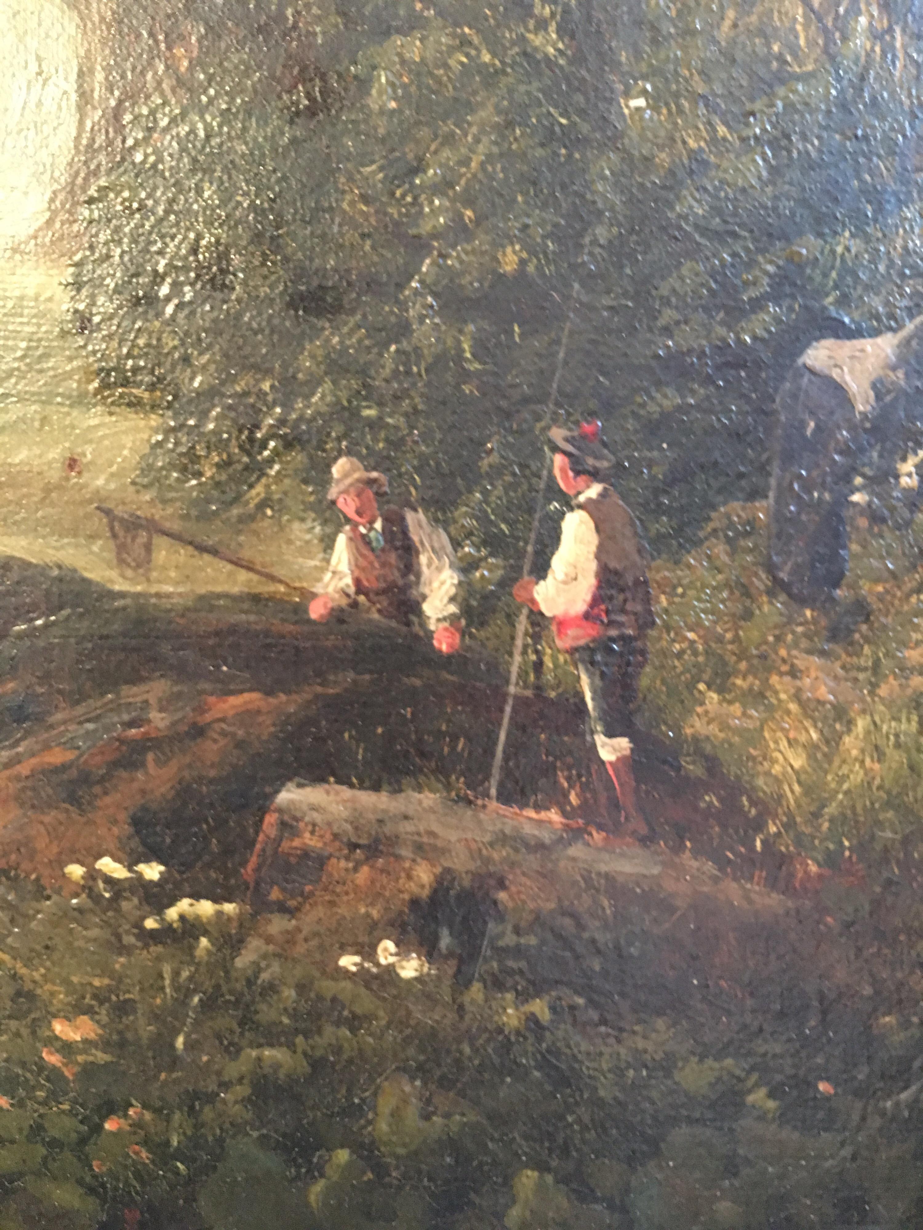 Fishing in the Valley
By British artist FC Ellerman, late 19th century
Signed by the artist on the lower left hand corner
Oil painting on canvas, framed
Framed size: 24 x 19 inches

Breathtaking scene of two men enjoying the quiet of this majestic