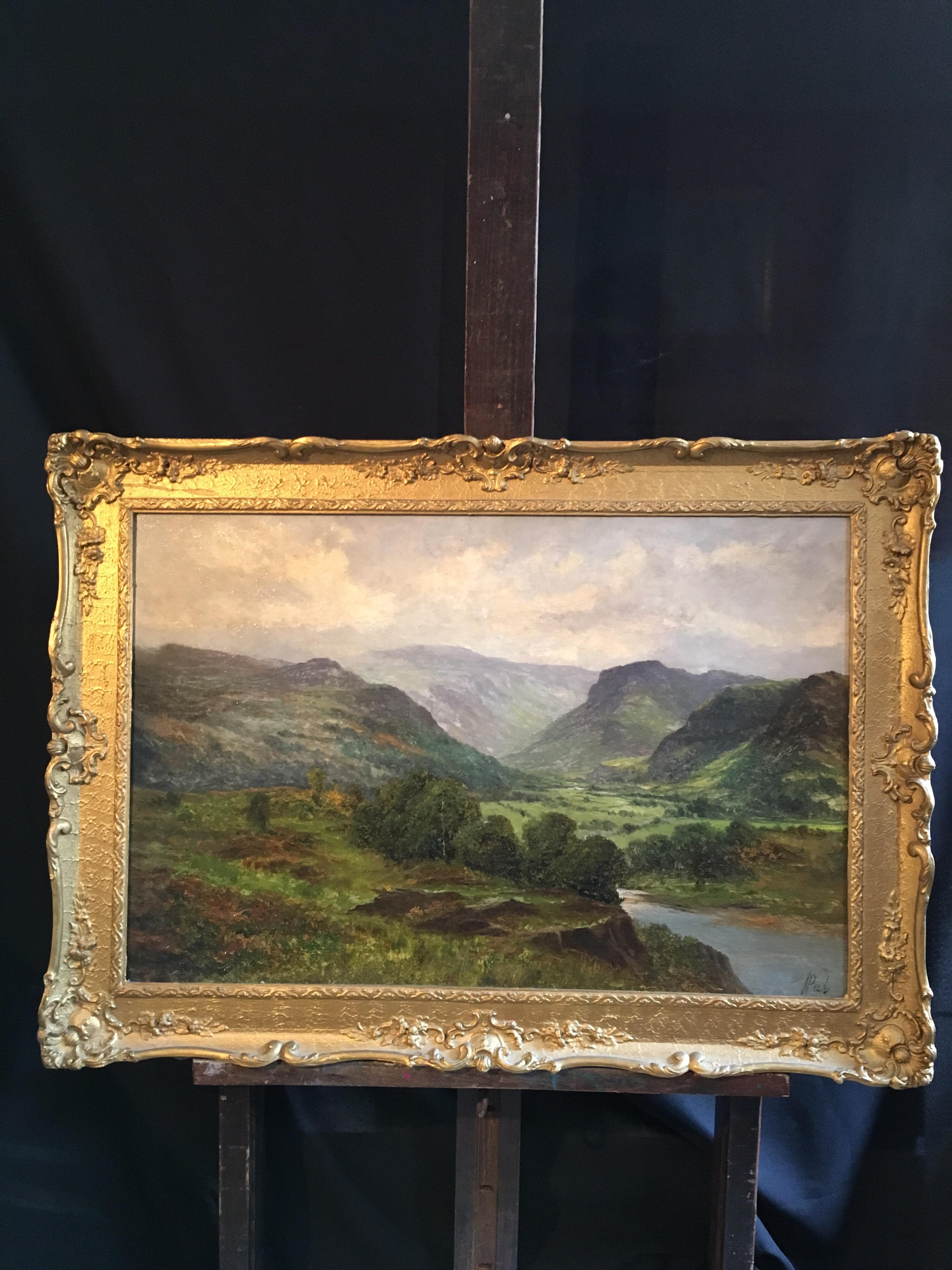 Cloudy Mountains, Victorian Landscape, Green, Original Oil Painting, Signed
By British artist Peel, late 19th century
Signed by the artist on the lower right hand corner
Oil painting on canvas, framed
Framed size: 25 x 35 inches

Majestic scene of